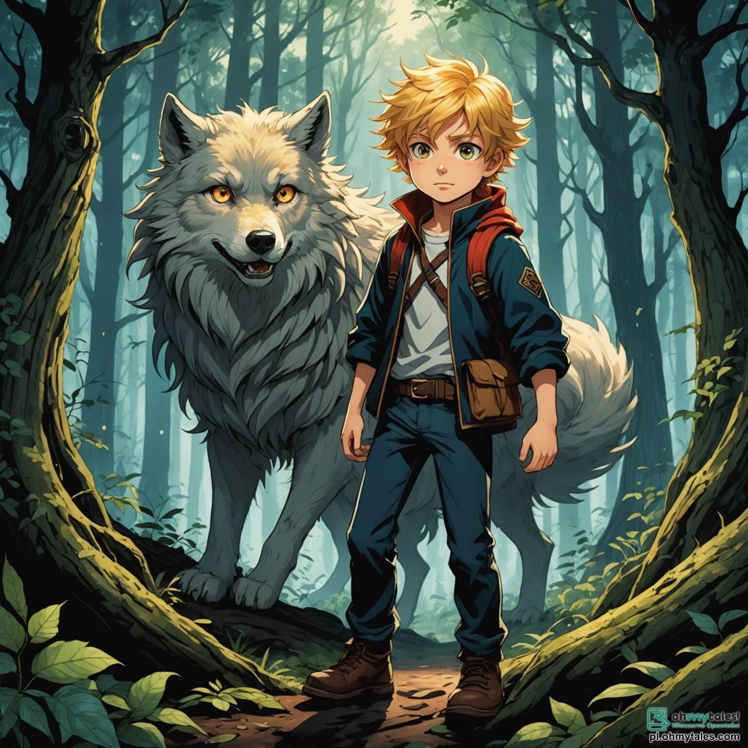 Une illustration destinée aux enfants représentant un garçon intrépide aux cheveux dorés et aux yeux pétillants d'audace, se tenant vaillamment au bord d'une forêt dense et mystérieuse, où les arbres aux troncs noueux et aux feuillages touffus semblent murmurer des secrets anciens, tandis qu'un grand méchant loup, à la fourrure argentée et aux yeux flamboyants, rôde dans l'ombre, prêt à semer la peur, tandis qu'une sage chouette, perchée sur une branche, observe la scène avec un air inquiet, et que des fleurs colorées, éparpillées sur le sol, ajoutent une touche de magie à ce tableau enchanteur où le courage du garçon sera mis à l'épreuve face à la menace du loup.