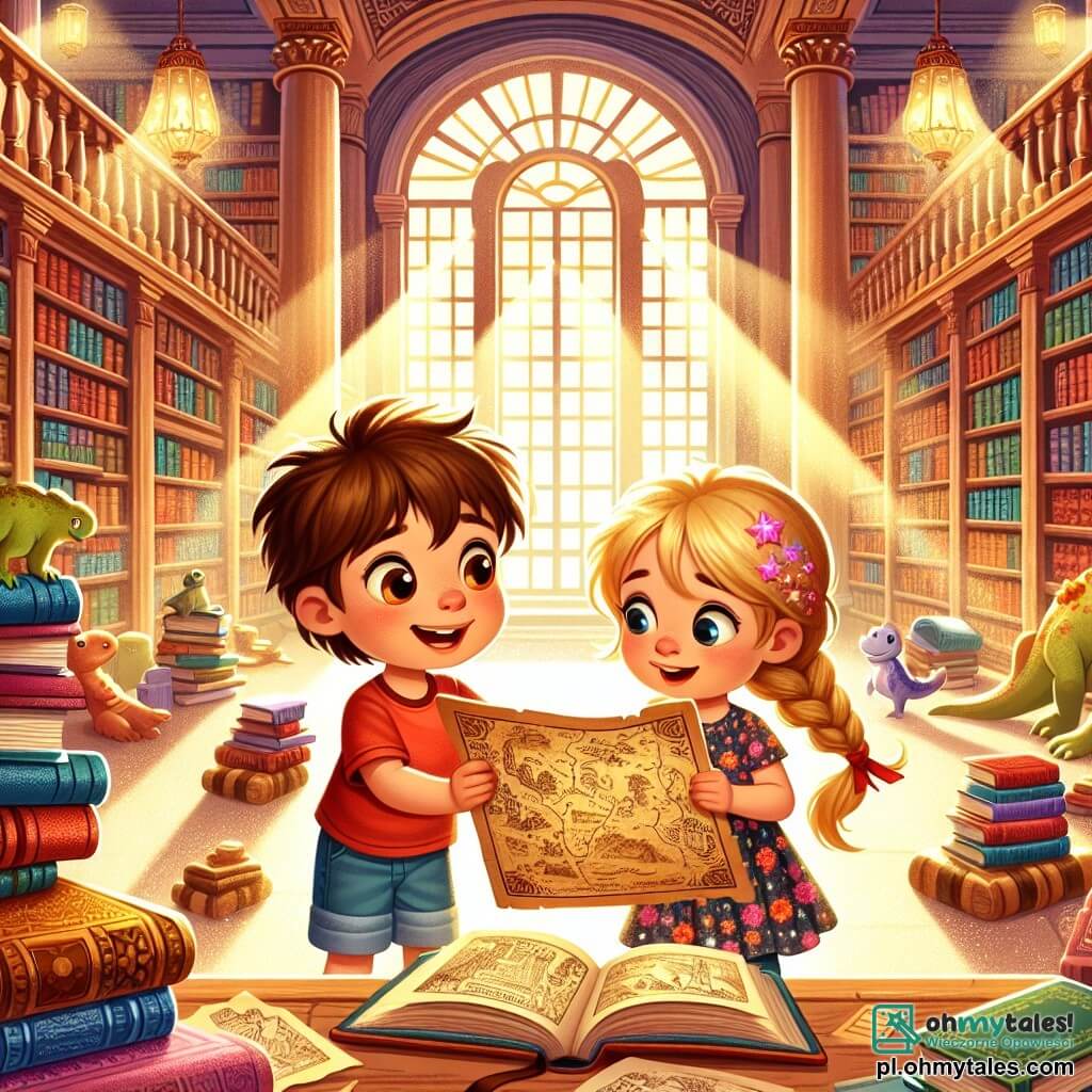 Ilustracja przedstawiająca scenę w magicznej bibliotece, z drewnianymi półkami wypełnionymi kolorowymi książkami, puszystymi poduszkami rozsypanymi po podłodze i miękkim, złotym światłem filtrującym przez duże okna. W centrum, 4-letni chłopiec z rozczochranymi brązowymi włosami i błyszczącymi z ciekawości oczami trzyma w rękach starą mapę skarbów. Ma na sobie czerwoną koszulkę i niebieskie szorty, a jego twarz wyraża ekscytację i zdumienie. Obok niego, 5-letnia dziewczynka z długimi warkoczami blond włosów i sukienką w kwiaty uważnie obserwuje mapę, a jej oczy rozświetlają się radością. Główna scena pokazuje dwoje dzieci odkrywających tajemniczą mapę skarbów w starej książce, otoczonych zakurzonymi książkami i starymi przedmiotami, z ilustracjami dinozaurów widocznymi na niektórych okładkach książek, co dodaje atmosferze przygody. Promienie światła oświetlają mapę, podkreślając znaczenie ich odkrycia.