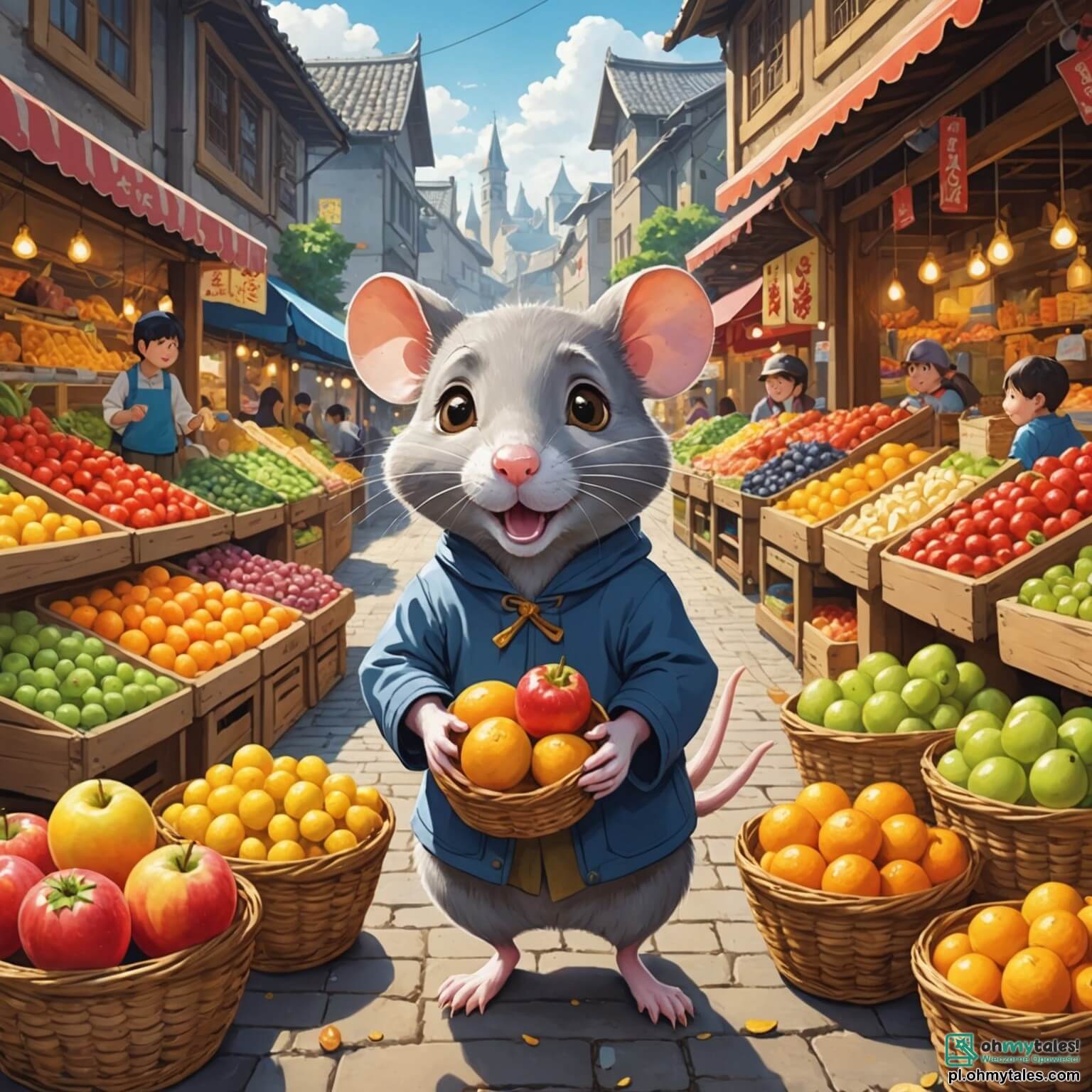 Une illustration destinée aux enfants représentant un petit rat espiègle aux yeux pétillants et au pelage gris, se faufilant avec agilité à travers un marché coloré, où les étals débordent de fruits juteux, de pains dorés et de bonbons scintillants, tandis qu'un grand chien gardien, au pelage brun et au regard vigilant, rôde à proximité, prêt à protéger les trésors du marché.