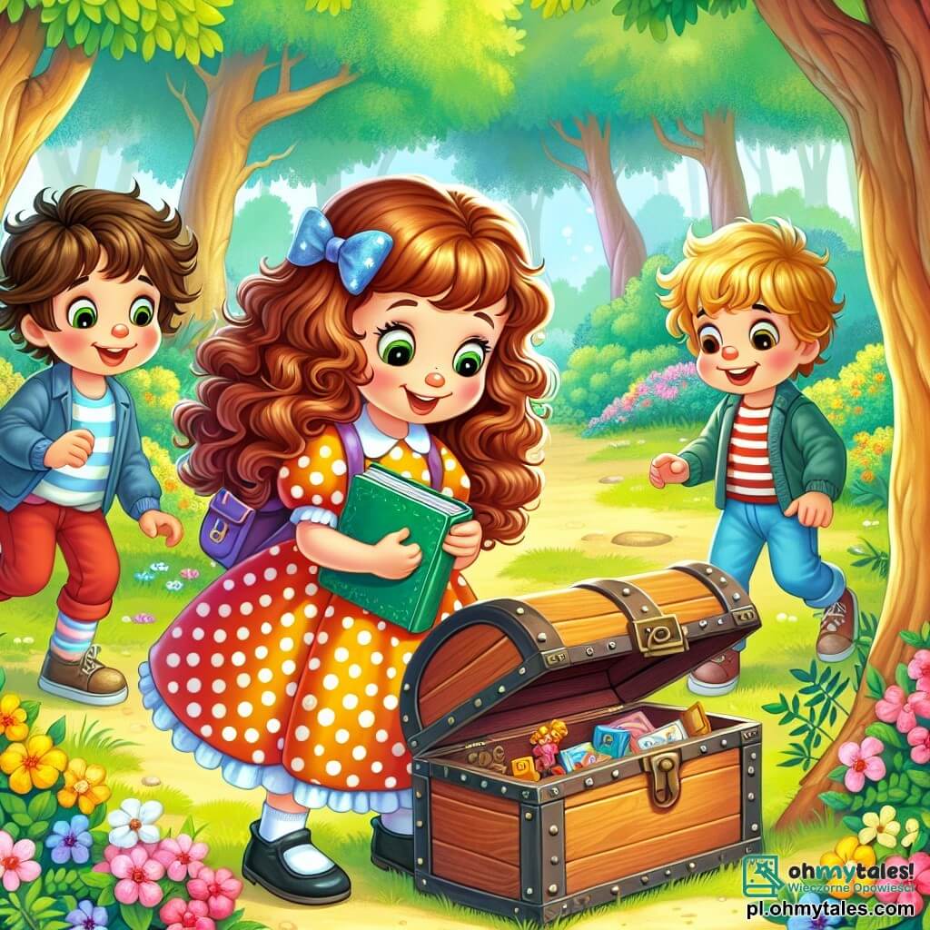 Une illustration sous forme de dessin destinée aux enfants représentant un parc verdoyant et ensoleillé, avec des arbres majestueux et des fleurs colorées, où une petite fille de 7 ans aux longs cheveux bouclés, vêtue d'une robe à pois et tenant un petit carnet de croquis, examine avec curiosité un vieux coffre en bois, tandis que deux garçons, l'un aux cheveux bruns et l'autre aux cheveux blonds, s'approchent avec des expressions d'excitation et d'émerveillement, tous trois découvrant ensemble des objets mystérieux et des énigmes cachées à l'intérieur du coffre.