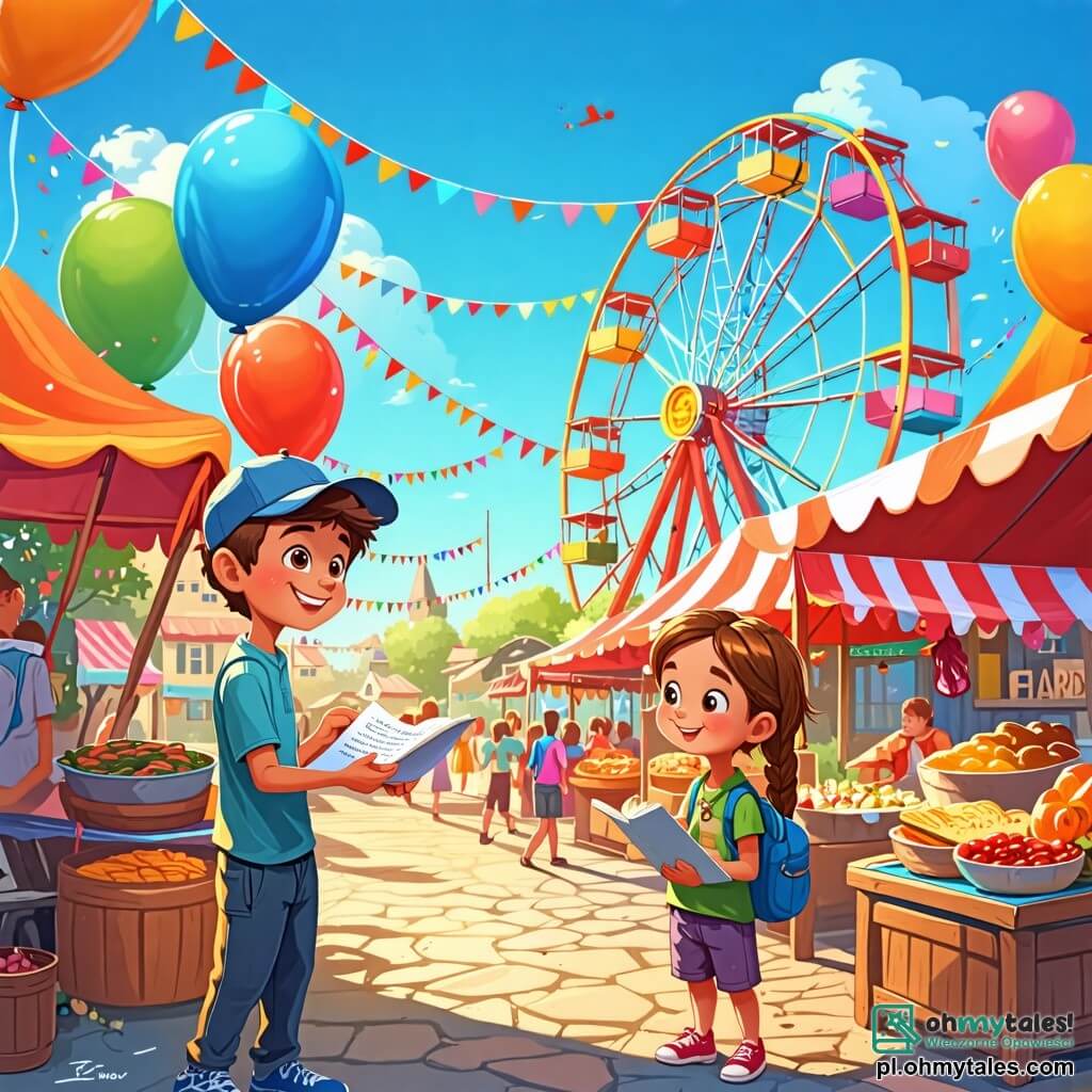 Ilustracja przedstawiająca żywą scenę kolorowej uczty w małej, słonecznej wiosce. W tle stoiska festiwalowe udekorowane kolorowymi girlandami i balonami unoszącymi się w powietrzu, podczas gdy świecąca karuzela radośnie się kręci, dodając atmosferze odrobinę magii. Na pierwszym planie dziesięcioletni chłopiec z rozwichrzonymi brązowymi włosami i niebieską czapką trzyma mały kawałek papieru w dłoniach, jego oczy błyszczą z ekscytacji i ciekawości. Obok niego dziewczynka w wieku dziesięciu lat z długimi warkoczami blond włosów radośnie się uśmiecha, trzymając notes i ołówek, gotowa do zapisania ich odkryć. Po lewej stronie inny dziesięcioletni chłopiec z brązowymi włosami i w pasiastym t-shircie uważnie przygląda się papierowi, wyglądając na skoncentrowanego i zaintrygowanego. Główna scena pokazuje trójkę przyjaciół w trakcie badania tajemniczego kawałka papieru pokrytego dziwnymi symbolami, siedzących na zielonej trawie przy dużym dębie. Dzieci bawią się wokół nich, podczas gdy łagodny wiatr sprawia, że liście drzew tańczą. W tle śmiechy i okrzyki radości mieszają się z muzyką festiwalową, tworząc atmosferę towarzyskości i przygody.