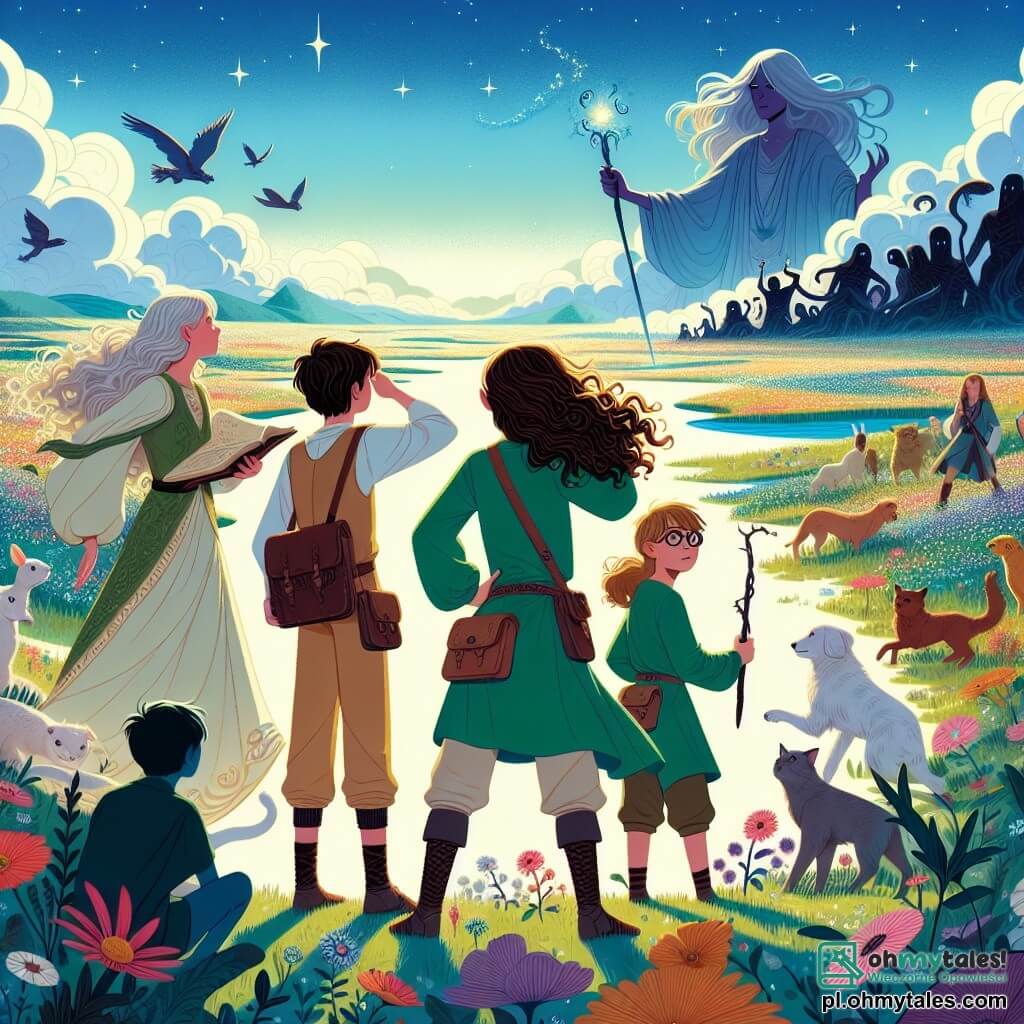 Une illustration sous forme de dessin destinée aux enfants représentant une vaste et colorée Krainę Magii, avec des champs de fleurs scintillantes sous un ciel bleu éclatant, où une jeune fille aux cheveux longs et bouclés, vêtue d'une tunique verte et d'un pantalon beige, se tient courageusement devant un groupe de créatures magiques, tandis qu'un garçon aux cheveux châtains et aux lunettes, armé d'une carte ancienne, observe attentivement les environs, et une mystérieuse femme aux cheveux argentés et à la robe flottante, tenant une baguette magique, les guide pour affronter des Cieniści menaçants qui se profilent à l'horizon, prêts à défendre la magie de leur monde.