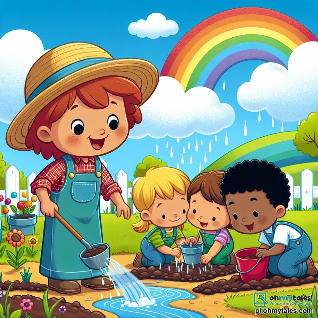 Une illustration sous forme de dessin destinée aux enfants représentant une ferme colorée avec des champs verdoyants sous un ciel bleu parsemé de nuages, où une femme souriante aux cheveux châtains, portant un chapeau de paille et des vêtements de travail, montre à trois enfants (un garçon aux cheveux blonds, une fille aux cheveux bruns et un petit garçon aux cheveux noirs) comment construire des petits ruisseaux dans la terre pour drainer l'eau de pluie, tandis qu'une belle arc-en-ciel apparaît dans le ciel après une pluie légère, évoquant la joie et l'harmonie de la vie à la ferme.
