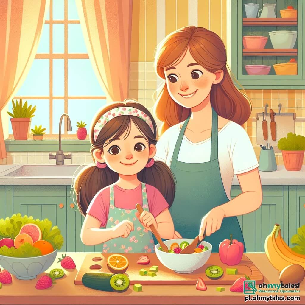 Ilustracja przedstawiająca ciepłą scenę w słonecznej kuchni, z pastelowo żółtymi ścianami i oknami wpuszczającymi poranne światło. Na stole radośnie ułożone kolorowe składniki do sałatek i owoce. W centrum obrazu mała dziewczynka w wieku 5 lat, z długimi brązowymi włosami związanymi w dwa kucyki, ma na sobie różową koszulkę i fartuch w kwiaty. Uśmiecha się, trzymając dużą drewnianą łyżkę, gotowa do mieszania sałatki owocowej, otoczona kawałkami kiwi, truskawek i bananów. Obok niej stoi mama, około 30-letnia kobieta z kasztanowymi włosami i okularami, uśmiechająca się do niej, podczas gdy kroi warzywa na desce do krojenia. Ma na sobie dżinsy i jasnoniebieską koszulkę, emanując atmosferą czułości i bliskości. Główna sytuacja ukazuje małą dziewczynkę, pełną entuzjazmu, pomagającą mamie w przygotowaniu zdrowego posiłku, ilustrując znaczenie dbania o zdrowie. W tle ciekawski szary kot obserwuje scenę z parapetu okna, dodając życiu i ciepła obrazowi.
