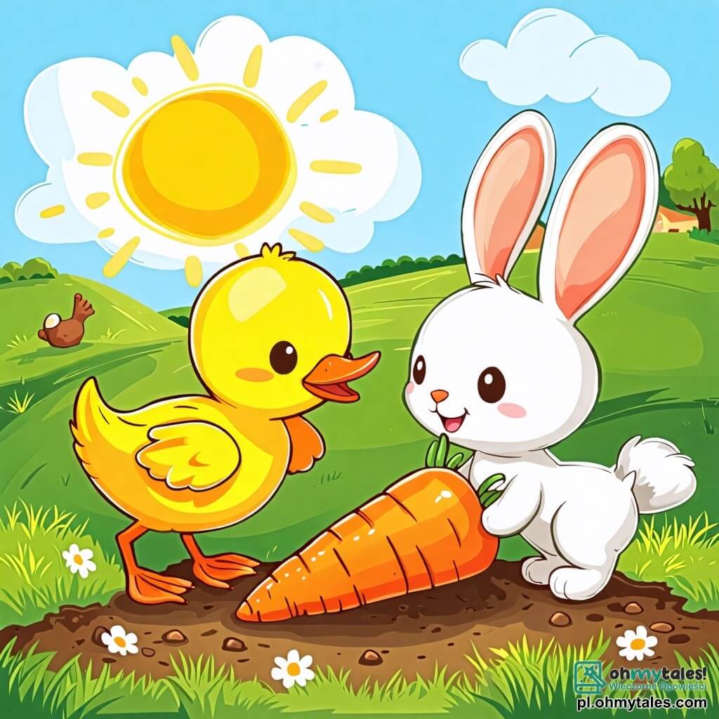Une illustration sous forme de dessin destinée aux enfants représentant une verdoyante vallée ensoleillée, où une petite canard aux plumes jaunes éclatantes saute joyeusement à côté d'un petit lapin aux grandes oreilles et à la fourrure blanche, tandis qu'ils découvrent ensemble une énorme, brillante carotte orange enfouie dans le sol, symbolisant leur amitié et la joie de travailler ensemble pour atteindre un but commun.