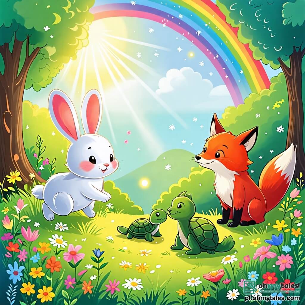 Une illustration sous forme de dessin destinée aux enfants représentant une clairière ensoleillée dans une forêt verdoyante, où un petit lapin au pelage blanc comme la neige saute joyeusement parmi des fleurs colorées, tandis qu'un renard au pelage roux et un tortue à la carapace verte l'observent avec des sourires complices, tous trois célébrant leur amitié et la beauté des couleurs de la nature, avec une magnifique arc-en-ciel scintillant en arrière-plan.