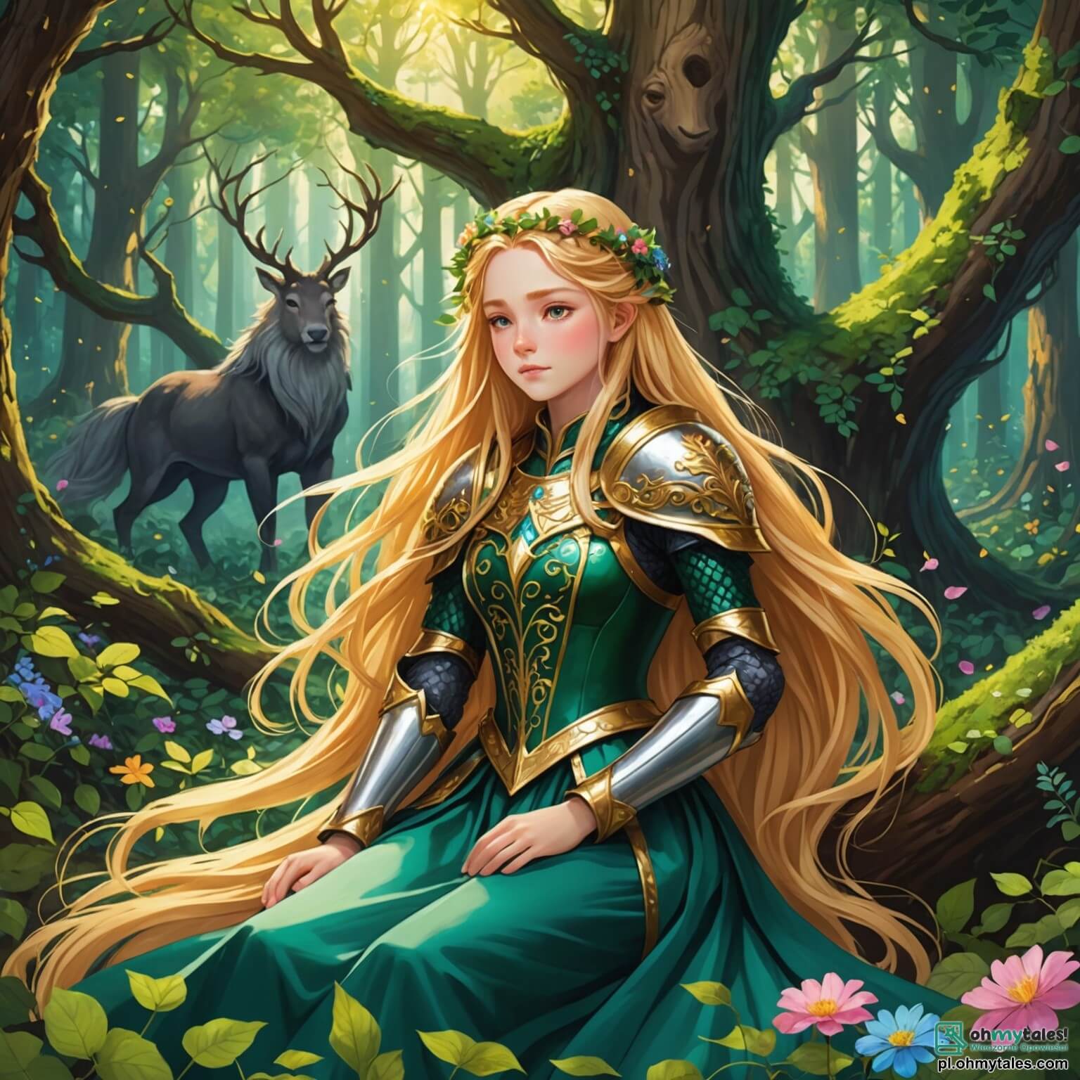 Une illustration destinée aux enfants représentant une belle jeune fille aux longs cheveux dorés, endormie paisiblement dans une forêt enchantée, entourée de majestueux arbres aux troncs noueux et aux feuilles scintillantes comme des émeraudes, tandis que des fleurs colorées, aux pétales délicats et parfumés, s'épanouissent autour d'elle, et où un prince courageux, vêtu d'une armure étincelante, s'aventure à travers les ronces épineuses pour la réveiller d'un sommeil ensorcelé, tandis qu'une méchante fée, silhouette sombre et menaçante, plane dans l'ombre, observant la scène avec un sourire malicieux, le tout baigné dans une douce lumière dorée du crépuscule, créant une atmosphère à la fois magique et mystérieuse.