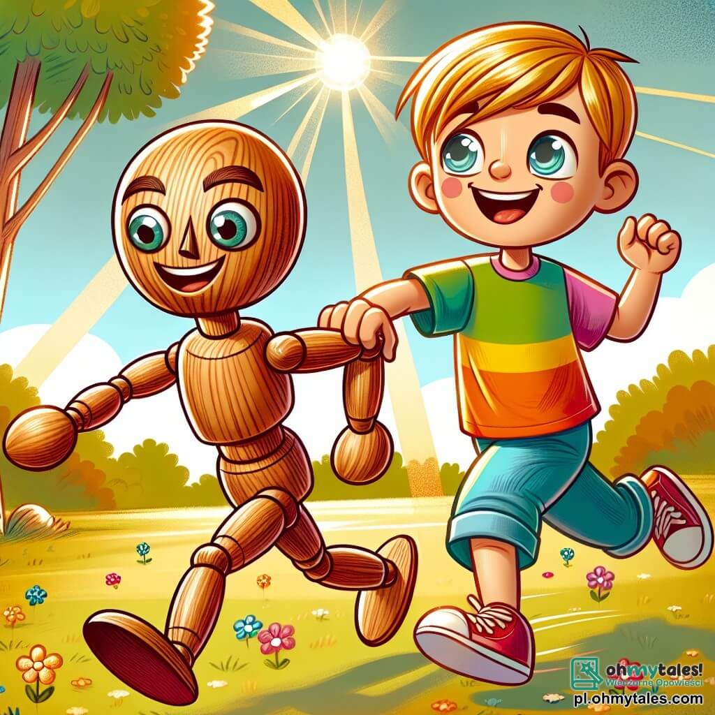 Une illustration sous forme de dessin destinée aux enfants représentant un joyeux parc de jeux ensoleillé, avec un petit garçon en bois aux traits délicats et au sourire éclatant, courant avec enthousiasme, tandis qu'un autre garçon aux cheveux blonds et aux yeux pétillants, vêtu d'un t-shirt coloré, l'encourage à participer à des jeux, alors qu'autour d'eux, des enfants rient et s'amusent, créant une atmosphère de joie et de camaraderie, symbolisant l'importance de la liberté et de la magie de l'enfance.