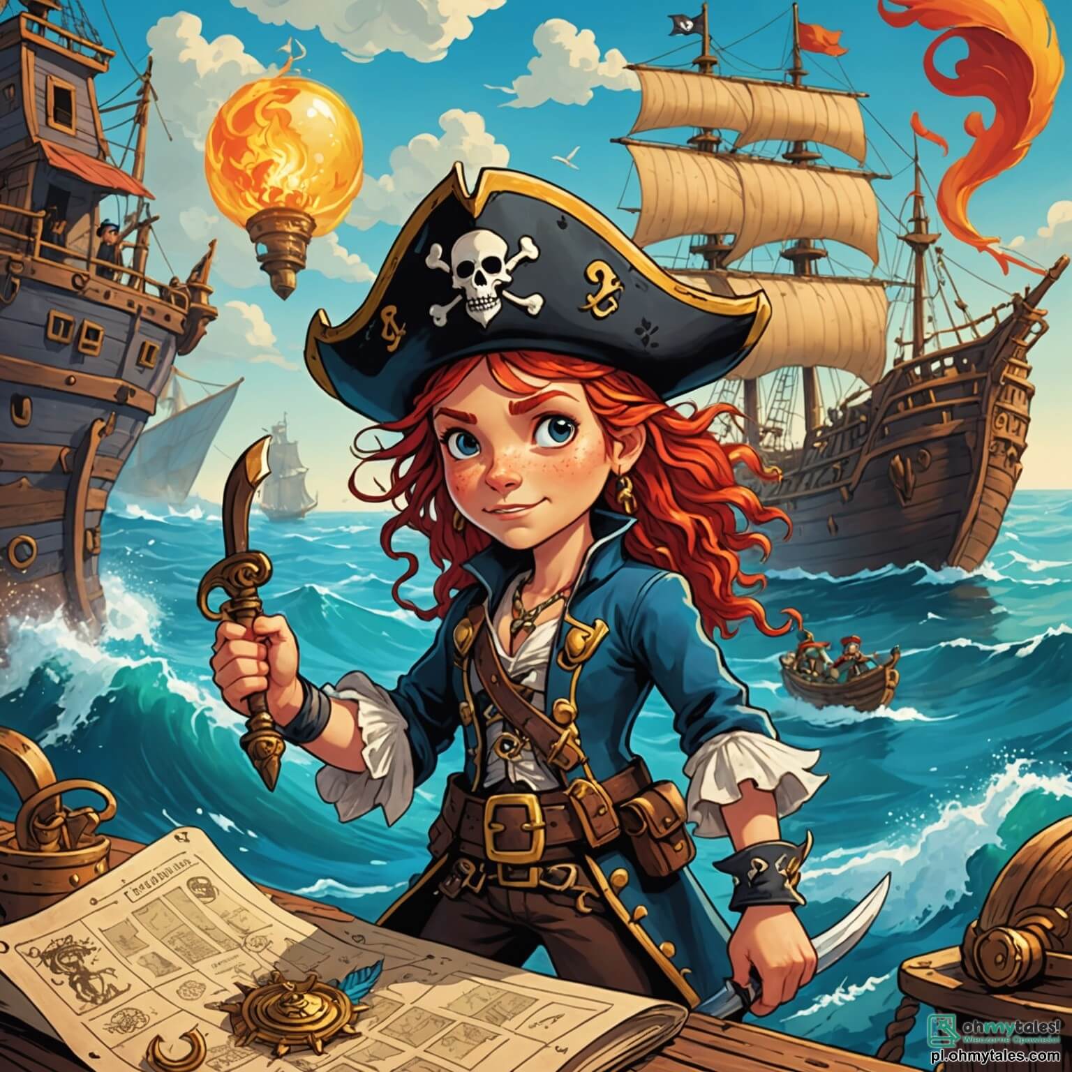 Une illustration destinée aux enfants représentant une intrépide pirate aux cheveux flamboyants, portant une chapeau orné de plumes colorées, naviguant avec audace sur les flots tumultueux d'une mer d'un bleu éclatant, à bord de son majestueux vaisseau à la proue sculptée en forme de dragon, tandis qu'elle découvre une ancienne carte au trésor dans un vieux port abandonné, entourée de sa loyale et robuste équipe de pirates, dont un grand homme à la moustache épaisse et un jeune garçon au regard pétillant, tous prêts à affronter les dangers de la mystérieuse Piekielna Wyspa, une île sauvage recouverte de jungles luxuriantes, de falaises escarpées et de secrets enfouis, où le soleil se fraye un chemin à travers les nuages menaçants, promettant des aventures palpitantes et des trésors inestimables.