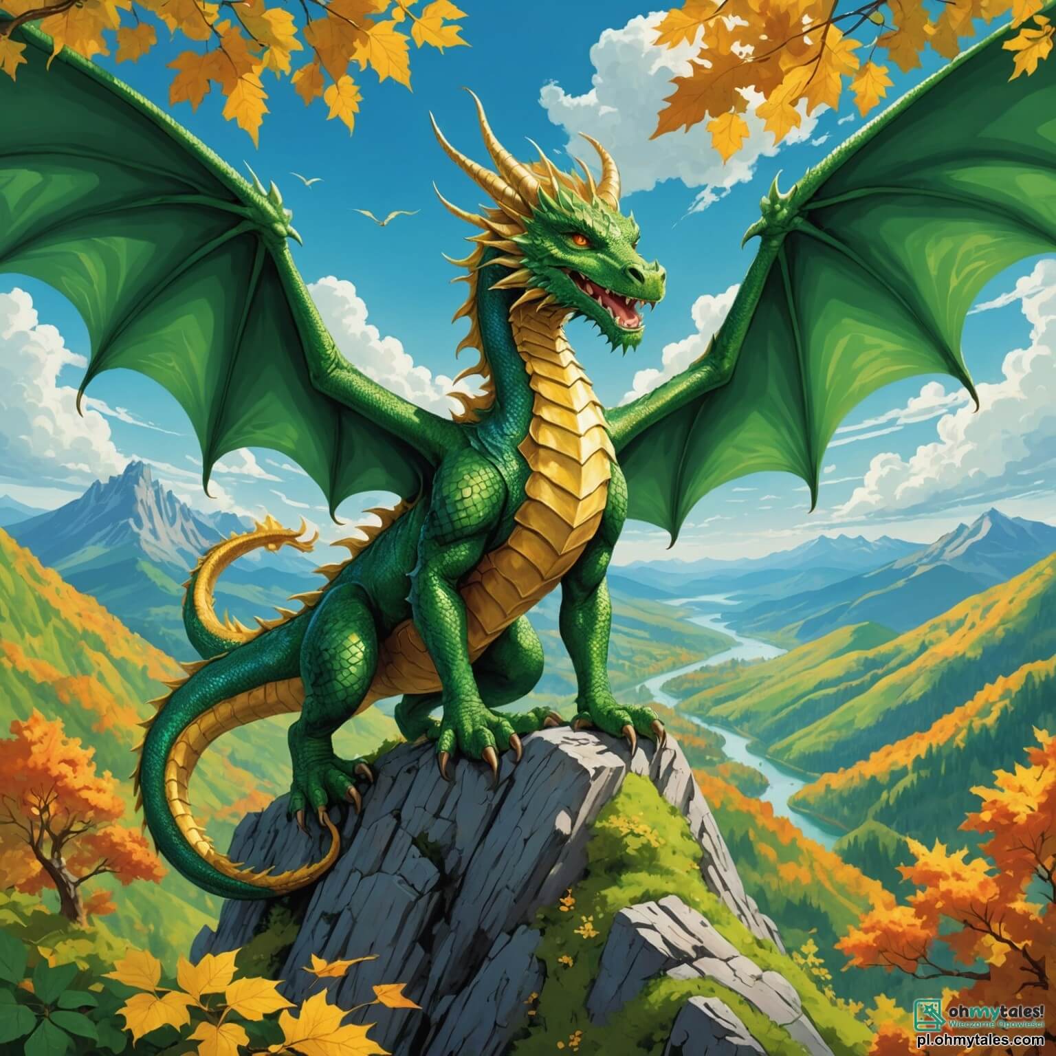Une illustration destinée aux enfants représentant un majestueux dragon aux écailles scintillantes comme des émeraudes, dont les ailes déployées semblent caresser les nuages cotonneux d'un ciel azur, se tenant fièrement au sommet d'une montagne verdoyante, entouré de forêts luxuriantes où les arbres aux troncs noueux et aux feuilles dorées dansent au gré du vent, tandis qu'en contrebas, une petite fille aux cheveux dorés et aux yeux pétillants d'émerveillement, vêtue d'une robe en lin bleu, observe avec fascination cette créature légendaire qui, malgré sa taille imposante, se révèle être douce et protectrice, prête à défendre son royaume enchanté contre les menaces d'un sorcier maléfique qui rôde dans l'ombre, cherchant à s'emparer des trésors cachés au cœur de cette terre magique.