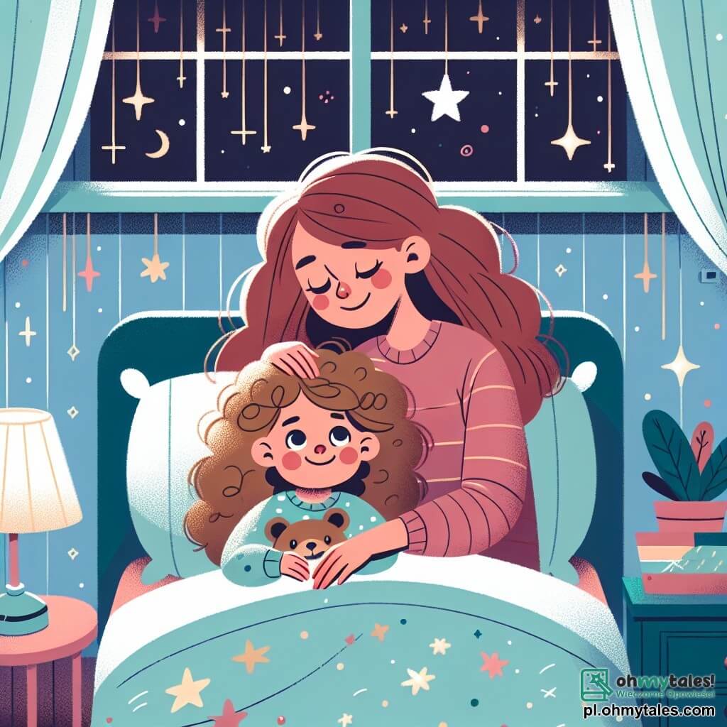 Une illustration sous forme de dessin destinée aux enfants représentant une chambre douillette et sombre, avec des murs peints en bleu pastel et des étoiles scintillantes au plafond, où une petite fille de 1 an, aux cheveux bouclés et aux yeux pétillants, est allongée dans son lit, serrant un doux ours en peluche brun contre elle, tandis que sa maman, une femme souriante aux cheveux longs et châtains, se penche tendrement sur elle pour la rassurer, créant une atmosphère chaleureuse et réconfortante malgré la peur du noir.