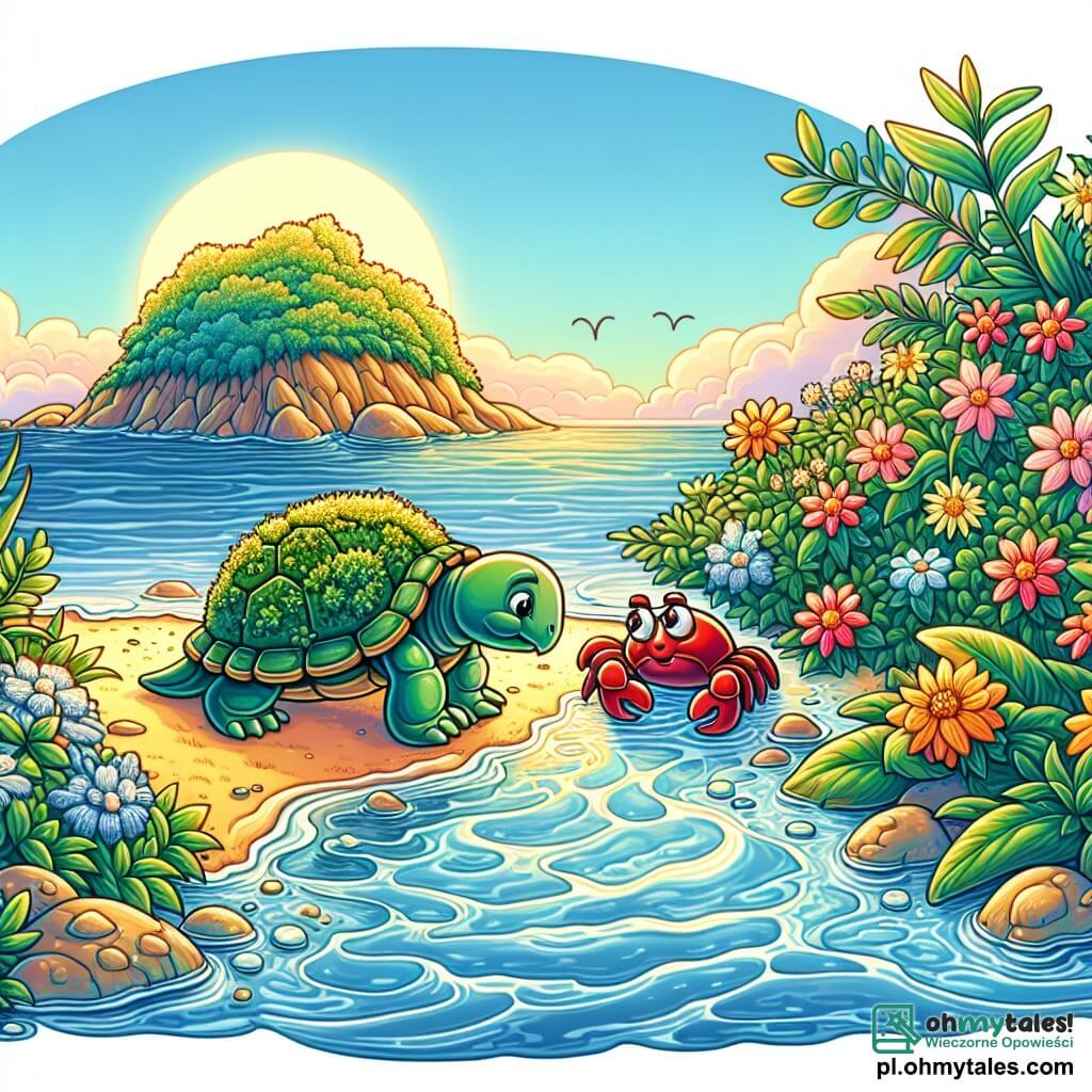 Une illustration sous forme de dessin destinée aux enfants représentant une île enchantée au cœur d'un océan bleu, avec une petite tortue à la carapace verte ornée de doux mousses, marchant lentement le long d'un sentier fleuri, tandis qu'un petit crabe rouge, inquiet, tente de traverser un ruisseau scintillant à ses pieds, illustrant la scène où la tortue aide le crabe à surmonter sa peur pour atteindre l'autre rive, le tout baigné dans une lumière dorée du soleil couchant qui illumine les couleurs vives des fleurs et des feuilles.