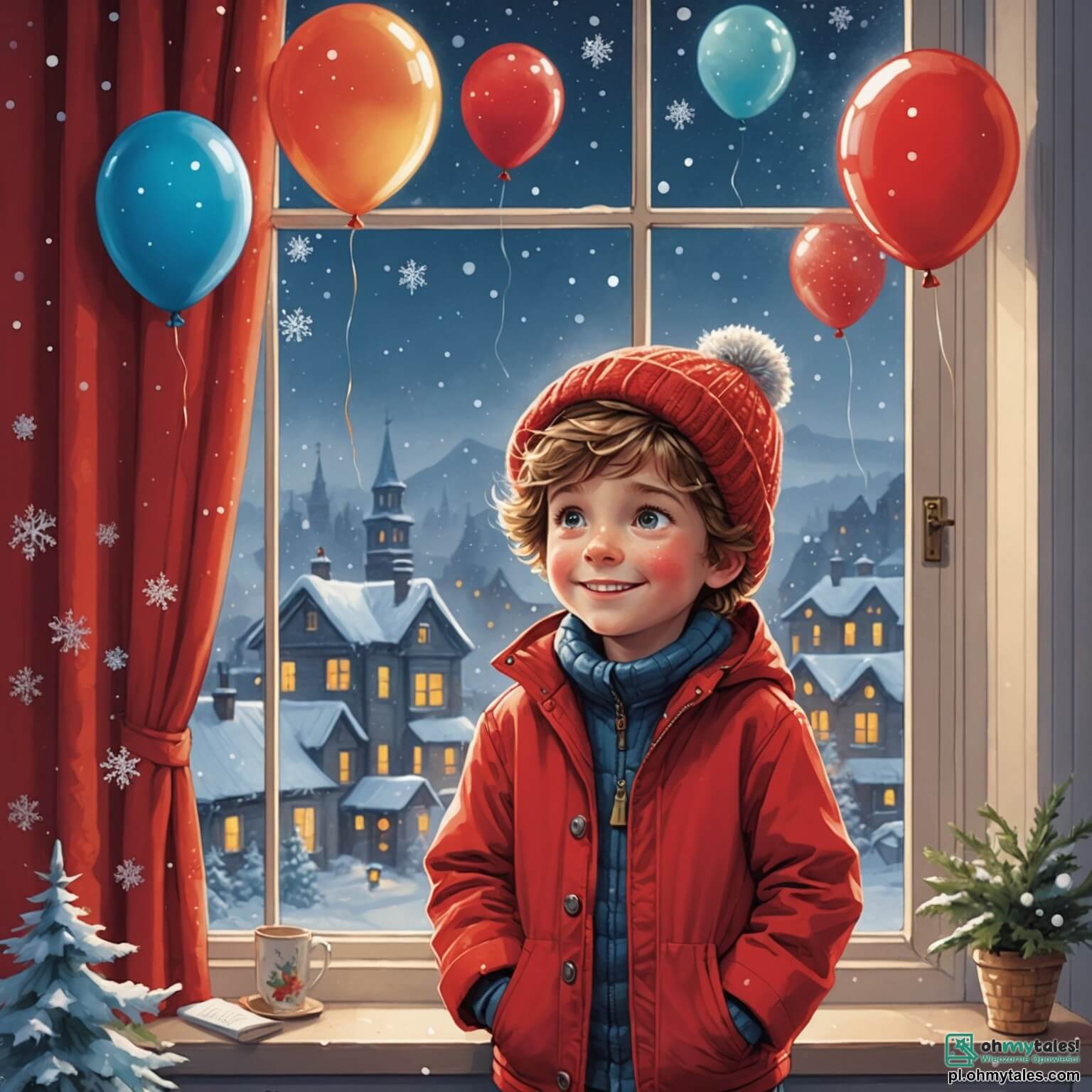 Une illustration destinée aux enfants représentant un petit garçon aux cheveux ébouriffés et aux yeux pétillants de curiosité, vêtu d'une veste rouge vif et d'un bonnet en laine, se tenant devant une grande fenêtre embuée, où l'on aperçoit des flocons de neige dansant dans l'air froid de la nuit de la Saint-Sylvestre, tandis qu'à l'intérieur de la chaleureuse maison décorée de guirlandes scintillantes et de ballons colorés, sa maman souriante, une femme aux cheveux châtains et aux mains pleines de farine, prépare des délices festifs dans la cuisine, tandis que son papa, un homme jovial aux lunettes rondes, s'affaire à installer des lumières clignotantes dans le salon, créant une atmosphère magique et pleine d'excitation pour célébrer le passage à la nouvelle année.