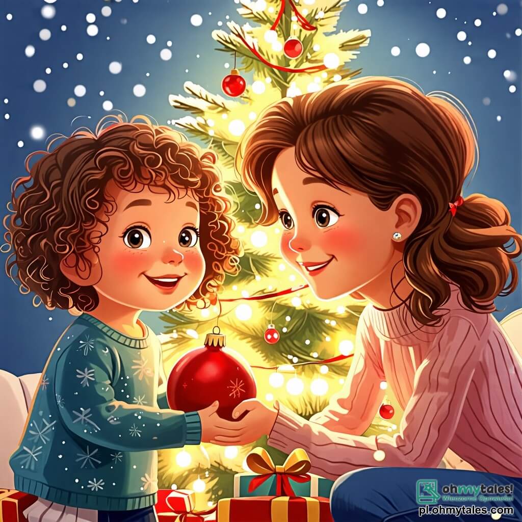 Une illustration sous forme de dessin destinée aux enfants représentant un salon chaleureux décoré pour Noël, avec une petite fille de 2 ans aux cheveux bouclés et aux yeux pétillants, souriant joyeusement tout en tenant une boule de Noël rouge, tandis qu'une maman bienveillante aux cheveux châtains et au sourire doux accroche des guirlandes scintillantes sur une magnifique sapin illuminé, le tout baigné dans une lumière douce et festive, évoquant la magie des préparatifs de Noël.