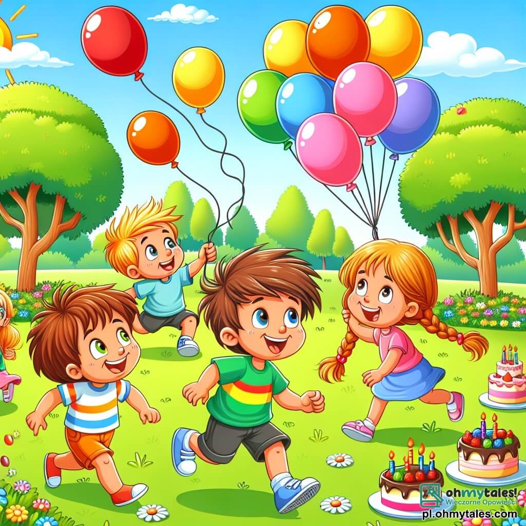 Une illustration sous forme de dessin destinée aux enfants représentant un parc ensoleillé avec des arbres verdoyants et des fleurs colorées, où un groupe de quatre enfants de 7 ans, deux garçons aux cheveux bruns et blonds, portant des t-shirts colorés, et deux filles aux warkoczyki, s'amusent à courir après des ballons multicolores qui flottent dans l'air, riant aux éclats alors que l'un des garçons, en train de grimper à un arbre, tente d'attraper un ballon rouge, tandis que les autres se tiennent sur la pelouse, entourés de gâteaux et de biscuits, créant une ambiance joyeuse et pleine de rires.