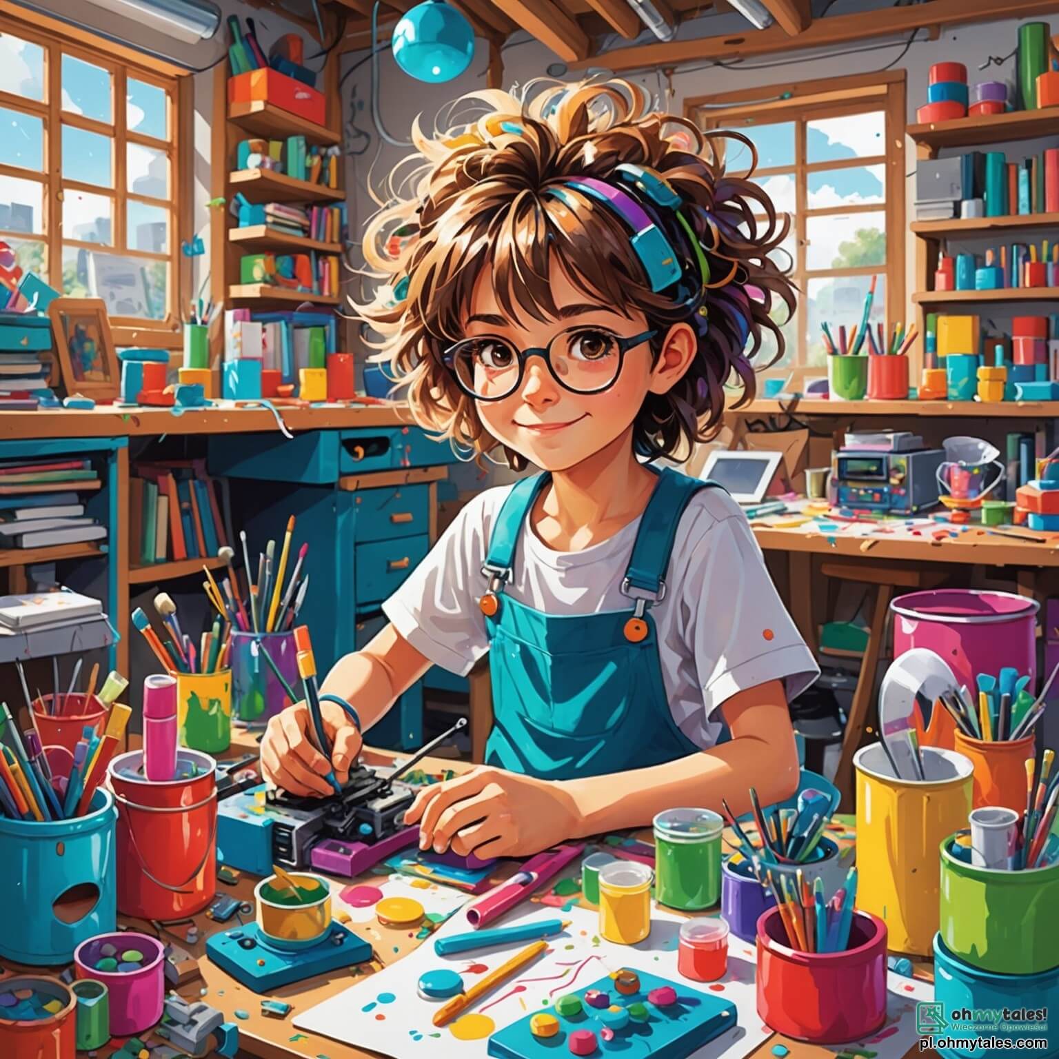 Une illustration destinée aux enfants représentant une femme aux cheveux en bataille, entourée de machines colorées et de pièces détachées, dans un atelier lumineux rempli de pots de peinture éclatants, de livres aux couvertures chatoyantes et de plans griffonnés, qui tente désespérément de faire fonctionner sa dernière invention farfelue, une machine à transformer la pluie en bonbons, tandis qu'un petit garçon aux lunettes rondes et au sourire malicieux l'observe avec curiosité, assis sur une chaise en bois ornée de dessins d'animaux.