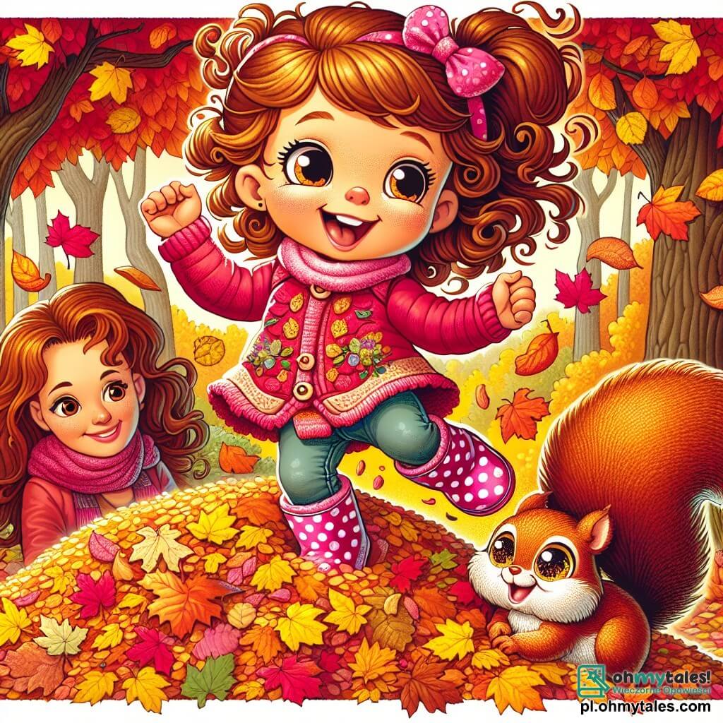 Une illustration sous forme de dessin destinée aux enfants représentant un jardin d'automne vibrant de couleurs, avec des feuilles dorées et rouges tombant des arbres, où une petite fille de 5 ans aux cheveux bruns et bouclés, vêtue d'une veste en laine rose et de bottes à pois, est en train de sauter joyeusement dans une grande pile de feuilles, tandis qu'à côté d'elle, sa maman, une femme souriante aux cheveux châtains, l'observe avec tendresse, et un petit écureuil curieux, aux yeux pétillants, se faufile entre les branches, ajoutant une touche de magie à cette scène chaleureuse et familiale.