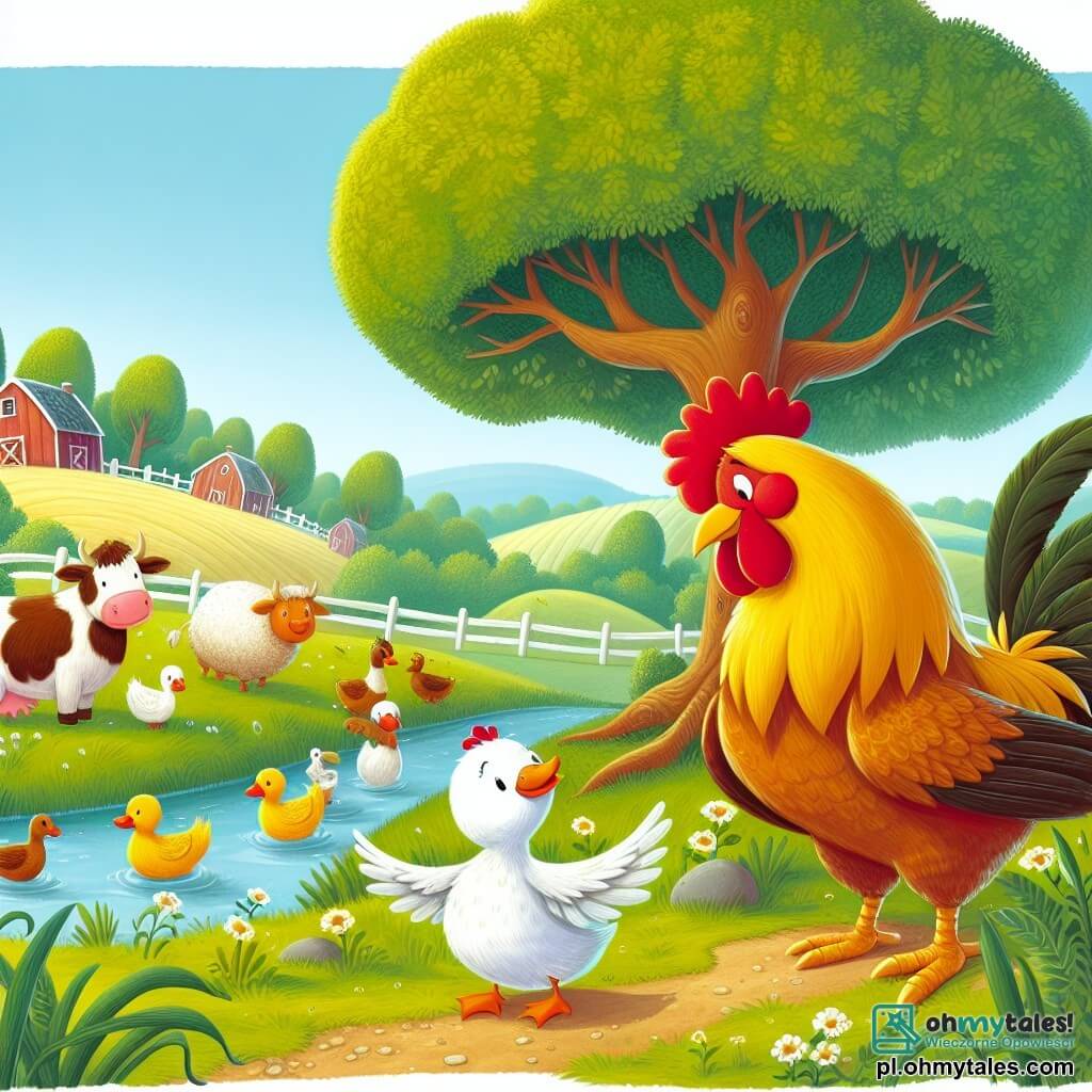 Une illustration sous forme de dessin destinée aux enfants représentant un charmant paysage de campagne avec des champs verdoyants et un grand chêne au centre, où un courageux coq aux plumes dorées et brillantes se tient fièrement, les ailes légèrement déployées, en train de réconforter une petite canne à l'allure douce et triste, aux plumes blanches et jaunes, perchée sur une branche, tandis qu'en arrière-plan, des animaux de la ferme, comme une vache rousse et un mouton laineux, observent avec des expressions d'inquiétude et d'encouragement, illustrant le moment où le coq décide de partir à la recherche de son amie perdue dans la forêt.
