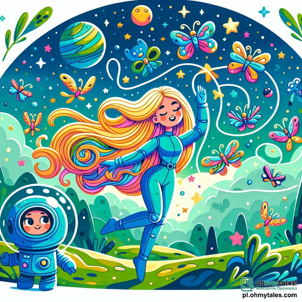 Une illustration sous forme de dessin destinée aux enfants représentant une planète mystérieuse aux paysages verdoyants et bleutés, avec une femme aux longs cheveux blonds portant un combiné spatial bleu, souriante et en train de danser avec des créatures colorées ressemblant à des oiseaux et des papillons, qui volent autour d'elle dans un tourbillon joyeux, tandis qu'un petit robot aux formes arrondies et aux yeux lumineux observe la scène avec émerveillement, capturant l'instant magique de leur rencontre amicale dans un univers rempli d'étoiles scintillantes.