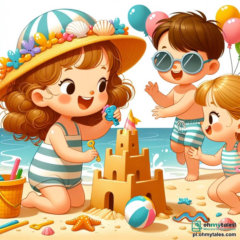 Une illustration sous forme de dessin destinée aux enfants représentant une plage ensoleillée avec du sable doré et des vagues douces, où une petite fille de 3 ans aux cheveux bouclés et au chapeau en forme de trousseau de clés construit un château de sable avec une grande coquillage en guise de couronne, tandis qu'une autre petite fille de 4 ans, aux cheveux lisses et portant un maillot de bain à rayures, l'encourage en sautant de joie à côté d'elle, et un petit garçon de 5 ans, avec des lunettes de soleil et une ballons colorés, s'approche pour leur proposer de jouer à la balle, créant une ambiance joyeuse et amicale de vacances d'été.