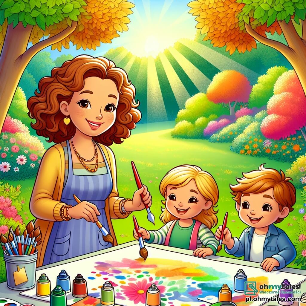 Une illustration sous forme de dessin destinée aux enfants représentant un parc ensoleillé avec des arbres aux feuilles colorées, au centre une femme aux cheveux bouclés et au sourire chaleureux, tenant des pinceaux et des pots de peinture, entourée de deux enfants, une fille aux cheveux blonds et un garçon aux cheveux bruns, tous les trois concentrés sur une grande feuille de papier où ils créent ensemble une œuvre d'art colorée, symbolisant la joie de l'expression artistique et la magie de la créativité partagée.