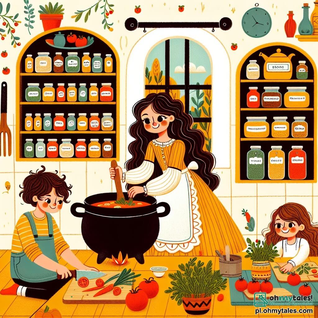 Une illustration sous forme de dessin destinée aux enfants représentant une cuisine colorée et chaleureuse, avec des murs peints en jaune et des étagères remplies de bocaux d'épices, où une femme aux longs cheveux bouclés et portant un joli tablier blanc prépare une délicieuse soupe dans un grand chaudron, entourée de trois enfants : un garçon aux cheveux bruns qui coupe des tomates, une fille aux cheveux blonds qui arrose des herbes fraîches dans un pot, et un autre garçon aux cheveux roux qui observe avec émerveillement, tous souriants et joyeux, illustrant l'esprit de camaraderie et de magie culinaire.