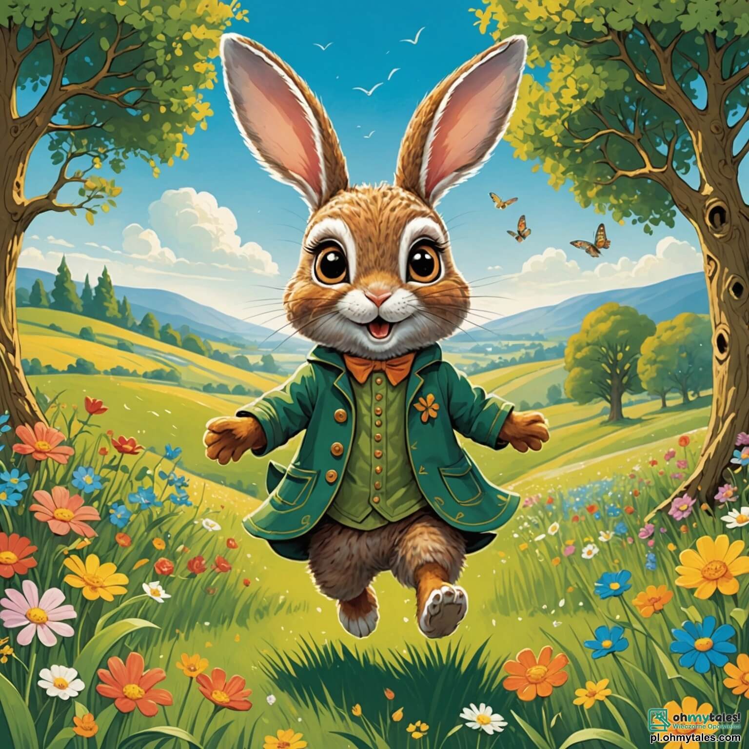 Une illustration destinée aux enfants représentant un petit lapin aux yeux pétillants et aux grandes oreilles dressées, sautillant joyeusement à travers un vaste champ verdoyant parsemé de fleurs colorées qui dansent sous la brise légère, tandis qu'en arrière-plan se dresse un majestueux arbre aux branches noueuses, où se perche une sage chouette aux plumes dorées, et où l'on peut apercevoir une rivière scintillante serpentant à travers le paysage, créant une atmosphère magique et pleine de promesses d'aventures, alors que ce lapin curieux se lance dans une quête pour découvrir le secret d'un trésor caché, accompagné de ses amis, une grenouille espiègle et un écureuil malicieux, tous unis par le désir de vivre une grande aventure au cœur de la nature enchantée.
