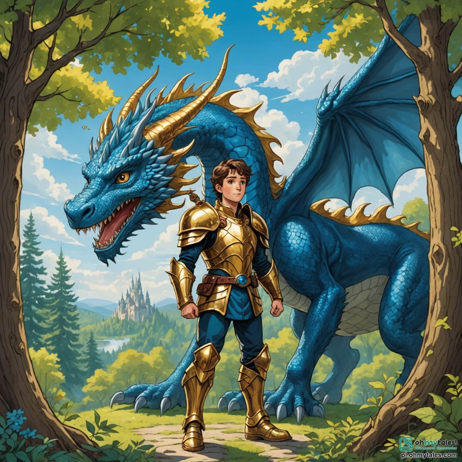 Une illustration destinée aux enfants représentant un courageux jeune homme aux cheveux bruns et à la peau dorée, vêtu d'une armure scintillante, se tenant fermement devant une majestueuse forêt enchantée où les arbres aux troncs épais et tortueux s'élèvent vers un ciel azur parsemé de nuages cotonneux, tandis qu'un petit dragon bleu, son ami fidèle, vole autour de lui, cherchant un précieux cristal perdu au cœur de cette nature magique.