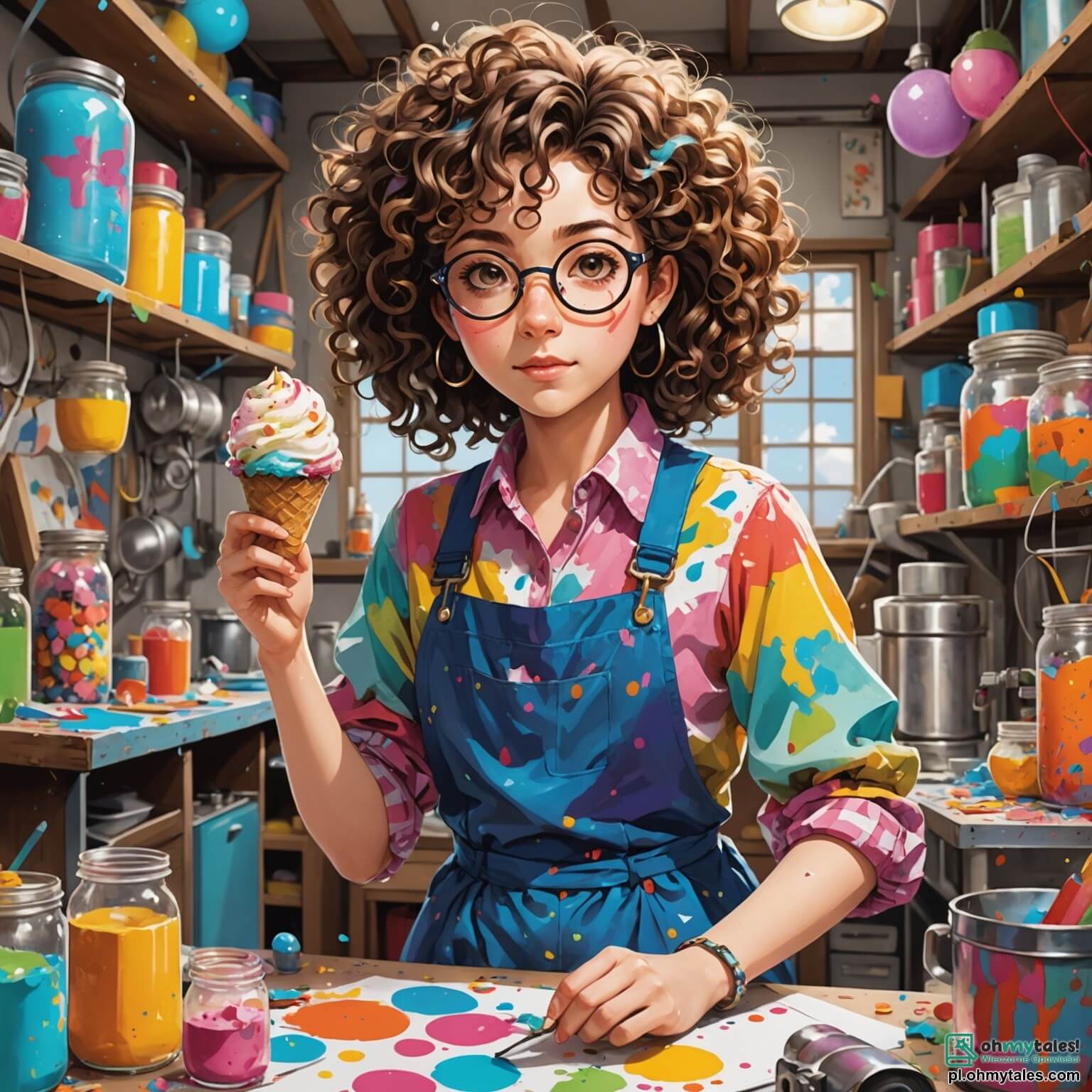 Une illustration destinée aux enfants représentant une femme aux cheveux bouclés et aux lunettes rondes, vêtue d'une blouse colorée couverte de taches de peinture, qui se tient dans son atelier lumineux et chaotique, rempli de machines étranges, de pièces de métal scintillantes, de plans griffonnés sur des papiers éparpillés et de bocaux remplis d'ingrédients mystérieux, alors qu'elle travaille avec passion à la création d'une machine à faire des glaces, entourée de deux enfants, une fille aux yeux pétillants et un garçon au sourire malicieux, qui l'aident avec enthousiasme à réaliser leur rêve d'inventer ensemble un appareil magique qui transforme les saveurs en délices glacés, le tout dans un petit village ensoleillé où les fleurs colorées dansent au gré du vent et où les oiseaux chantent joyeusement.