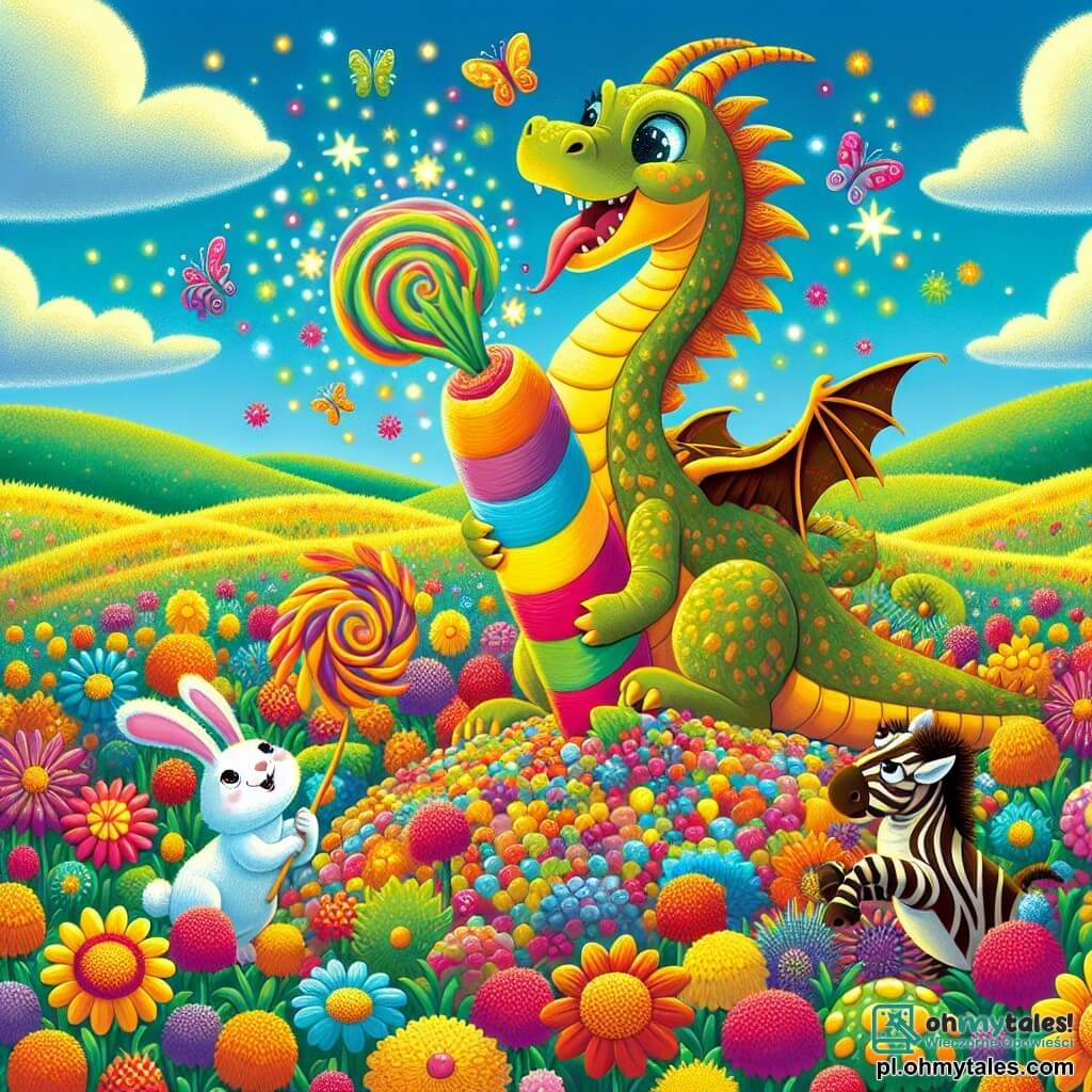 Une illustration sous forme de dessin destinée aux enfants représentant une vaste prairie colorée, parsemée de fleurs aux teintes éclatantes, où un jeune dragon aux écailles dorées et vertes, avec de grands yeux pétillants, s'élève joyeusement dans les airs en soufflant des étincelles multicolores, tandis qu'un petit lapin blanc aux grandes oreilles, une souris espiègle et un zèbre rayé, tous de sexe féminin, dansent autour d'une grande puissante carotte faite de fleurs, symbolisant leur joyeuse quête pour retrouver la précieuse carotte disparue, le tout sous un ciel bleu parsemé de nuages en forme de bonbons.