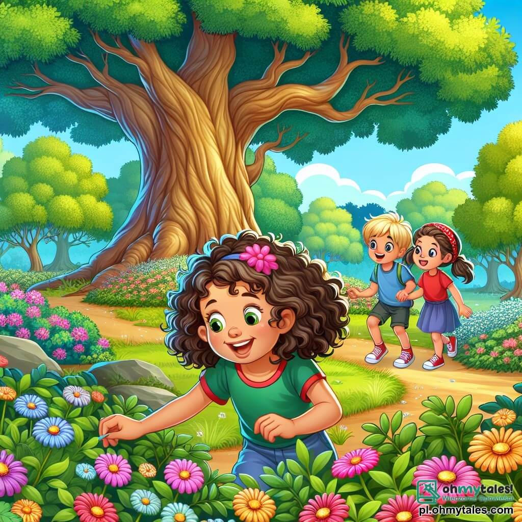 Une illustration sous forme de dessin destinée aux enfants représentant un parc verdoyant avec un grand chêne majestueux au centre, où une fille de 11 ans aux cheveux bruns et bouclés, vêtue d'un t-shirt coloré et d'un short, est en train de fouiller dans des buissons à la recherche de son petit ours en peluche perdu, tandis que deux de ses amis, un garçon aux cheveux blonds et une fille aux cheveux châtains, les yeux pétillants d'excitation, l'observent avec curiosité, tous trois entourés de fleurs éclatantes et d'animaux du parc, illustrant leur esprit d'aventure et de camaraderie.