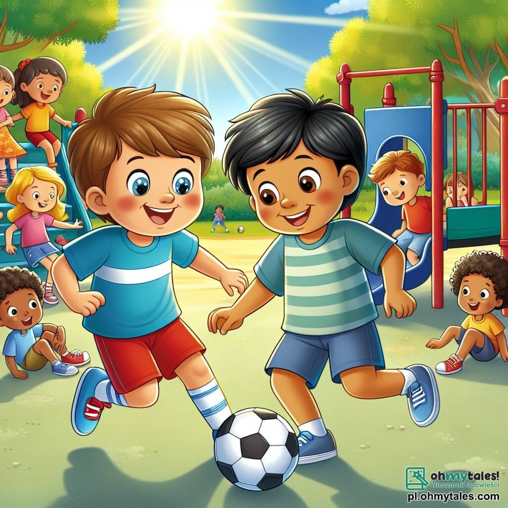 Une illustration sous forme de dessin destinée aux enfants représentant un parc coloré et ensoleillé avec des jeux, où un garçon de 9 ans aux cheveux bruns et aux yeux pétillants, vêtu d'un t-shirt bleu et d'un short rouge, joue joyeusement au football avec un autre garçon de 9 ans, d'origine asiatique, aux cheveux noirs et lisses, qui sourit en essayant de dribbler la balle, tandis qu'un groupe d'enfants de différentes origines ethniques, y compris une fille aux cheveux crépus et une autre aux cheveux blonds, les regarde avec enthousiasme, illustrant ainsi l'esprit de tolérance et d'amitié qui unit tous ces enfants malgré leurs différences.