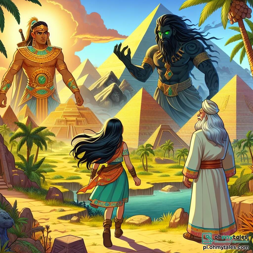 Une illustration sous forme de dessin destinée aux enfants représentant une majestueuse vallée ensoleillée, ornée de pyramides dorées et de palmiers, où une jeune femme aux longs cheveux noirs et aux yeux émeraude, vêtue d'une tunique colorée, se tient courageusement devant un grand oiseau mythique aux plumes scintillantes, tandis qu'un sage homme à la peau dorée, vêtu d'une robe de prêtre, l'observe avec bienveillance, alors qu'ils se préparent à affronter un puissant sorcier qui menace leur royaume avec des ombres menaçantes.