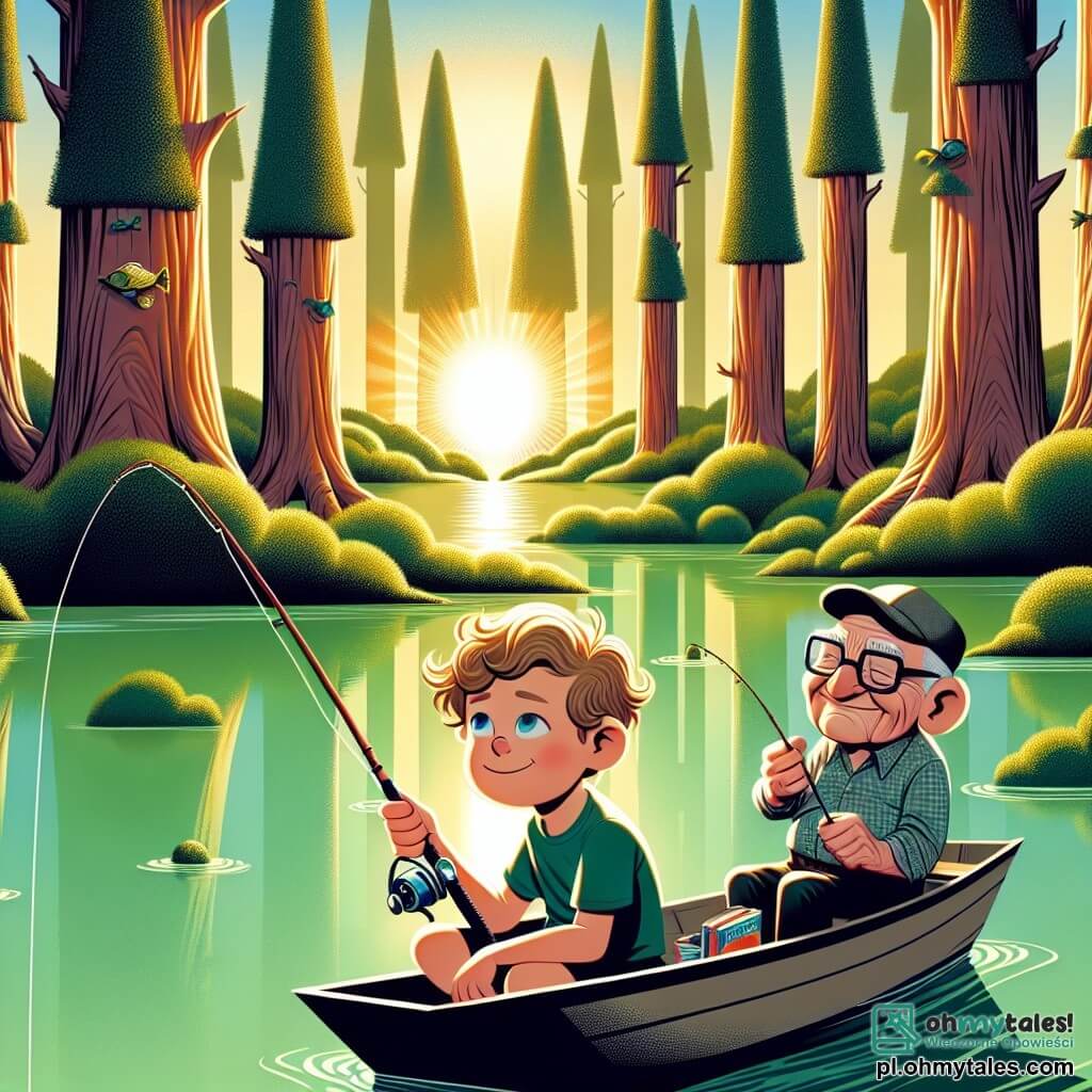 Une illustration sous forme de dessin destinée aux enfants représentant un paisible lac entouré de grands arbres verdoyants, où un garçon de 11 ans aux cheveux blonds bouclés et aux yeux bleus, assis sur une petite barque, tient une canne à pêche tout en regardant pensivement l'eau, tandis qu'un homme âgé avec des lunettes et un sourire bienveillant, assis à côté de lui, lui raconte des histoires de leur passé commun, évoquant la mémoire d'un être cher disparu, le tout baigné dans une douce lumière dorée du coucher de soleil, symbolisant l'espoir et la continuité de l'amour à travers les souvenirs.