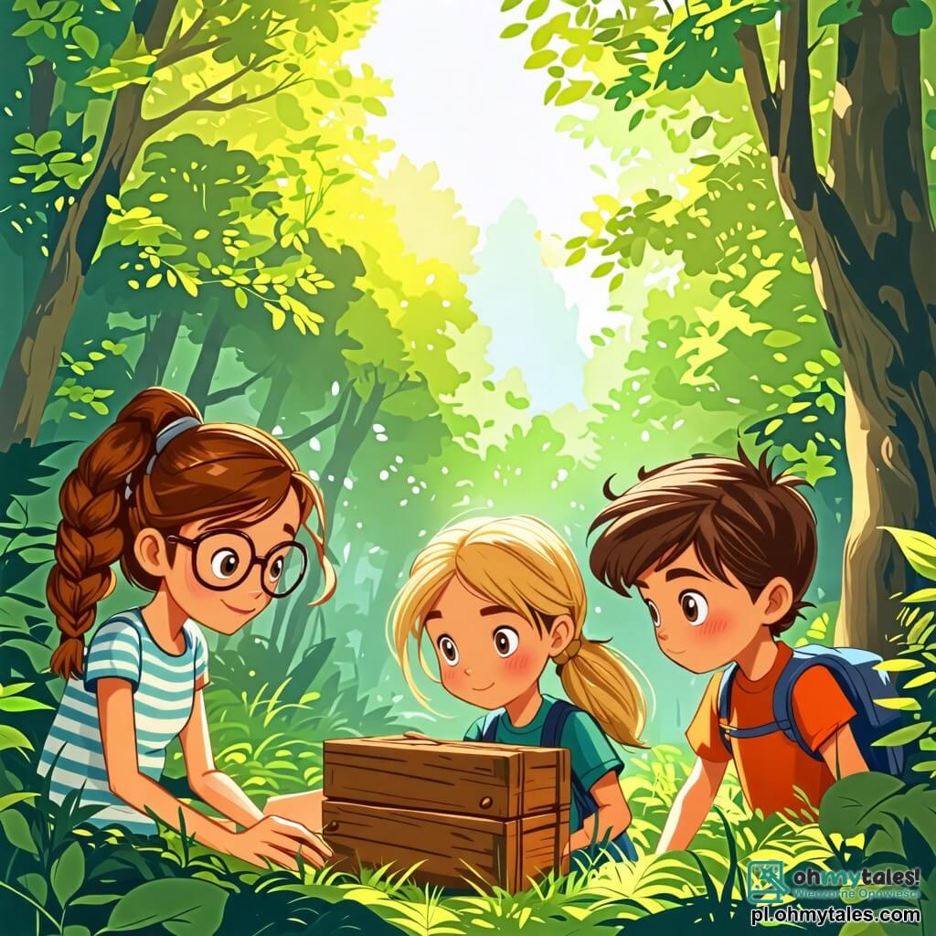Une illustration sous forme de dessin destinée aux enfants représentant une clairière ensoleillée dans une forêt verdoyante, où une fille de 10 ans aux cheveux bruns tressés, portant des lunettes rondes et un t-shirt à rayures, examine avec curiosité une vieille boîte en bois, tandis que deux de ses amis, une fille aux cheveux blonds en queue de cheval et un garçon aux cheveux châtains, regardent avec émerveillement, tous trois plongés dans une aventure de petits enquêteurs à la recherche d'un mystérieux trésor caché.