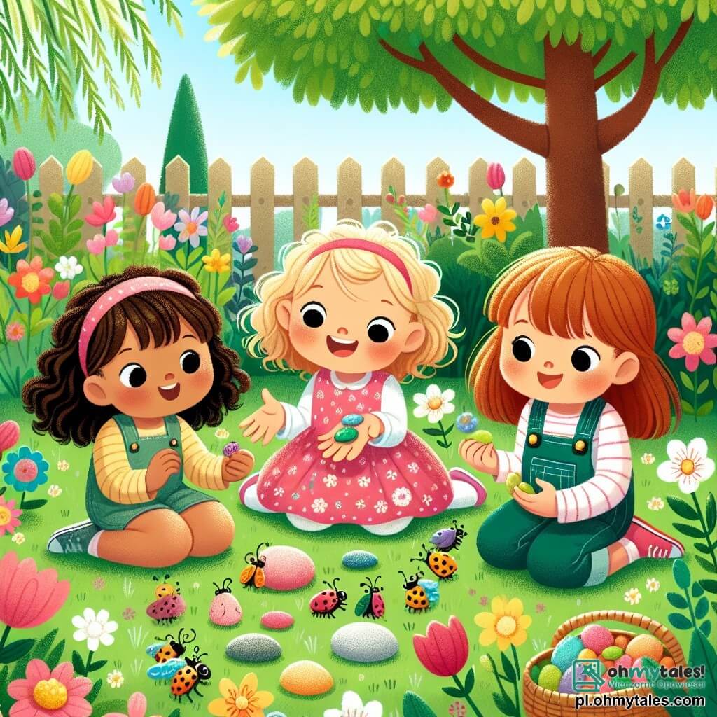 Une illustration sous forme de dessin destinée aux enfants représentant un jardin en plein printemps, rempli de fleurs colorées et d'arbres verdoyants, où une petite fille de 3 ans aux cheveux bouclés et blonds, vêtue d'une robe rose, est assise sur l'herbe, souriante, en train de montrer des pierres colorées à ses deux amies : une fille aux cheveux bruns et lisses, portant une robe bleue, qui tient un grand bouquet de fleurs, et une autre fille aux cheveux roux, vêtue d'une salopette, qui observe des insectes avec émerveillement, tandis qu'elles partagent leurs trouvailles dans une ambiance joyeuse et amicale.