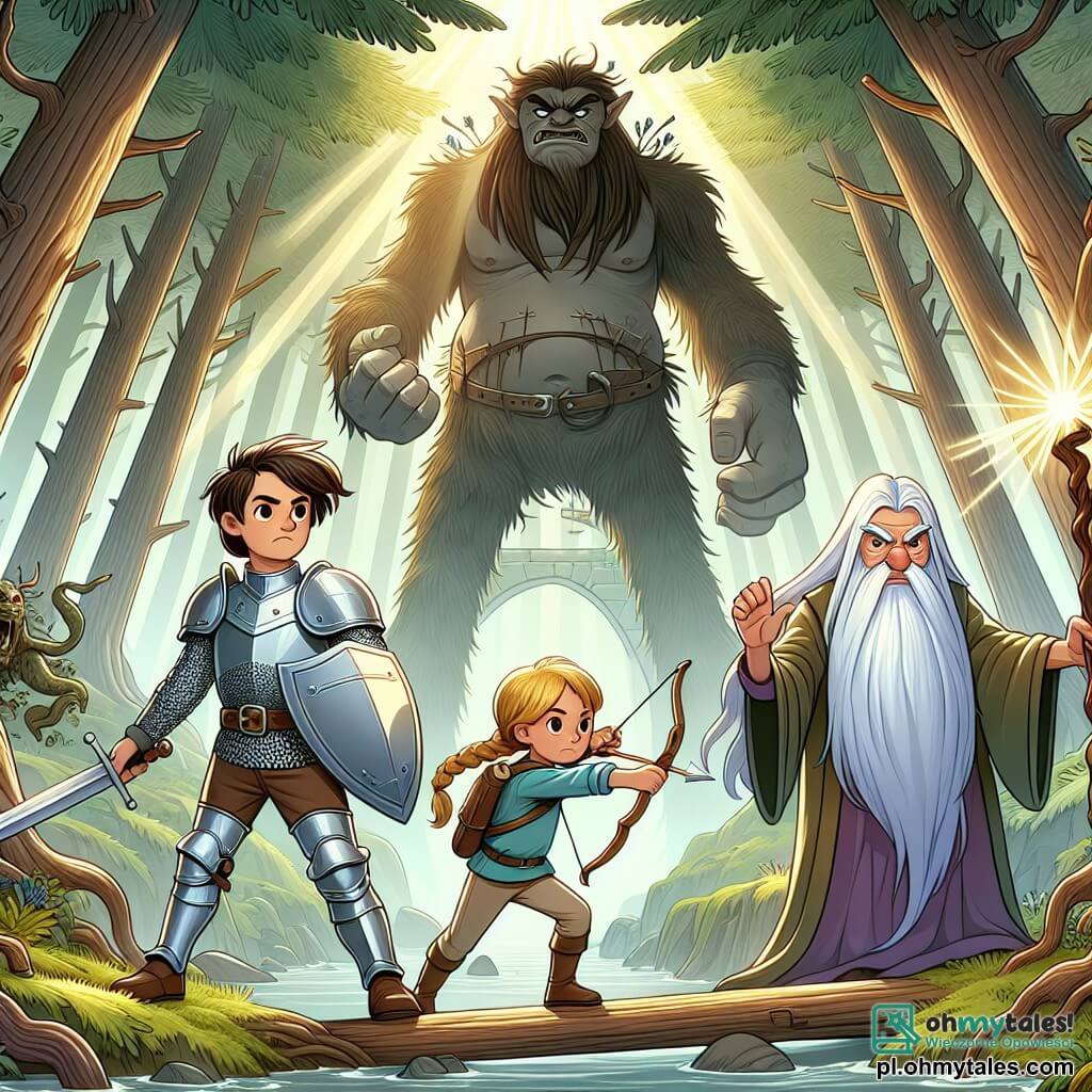Une illustration sous forme de dessin destinée aux enfants représentant une forêt enchantée avec des arbres majestueux et des rayons de soleil filtrant à travers le feuillage, au centre, un jeune chevalier courageux en armure argentée, avec des cheveux bruns flottants au vent, brandissant son épée avec détermination, tandis qu'à ses côtés, une jeune fille archère aux cheveux blonds tressés, prête à tirer une flèche, et un sage magicien à la longue barbe blanche, tenant un bâton lumineux, tous trois faisant face à un immense troll menaçant qui garde un pont, symbolisant leur quête pour retrouver un trésor légendaire.
