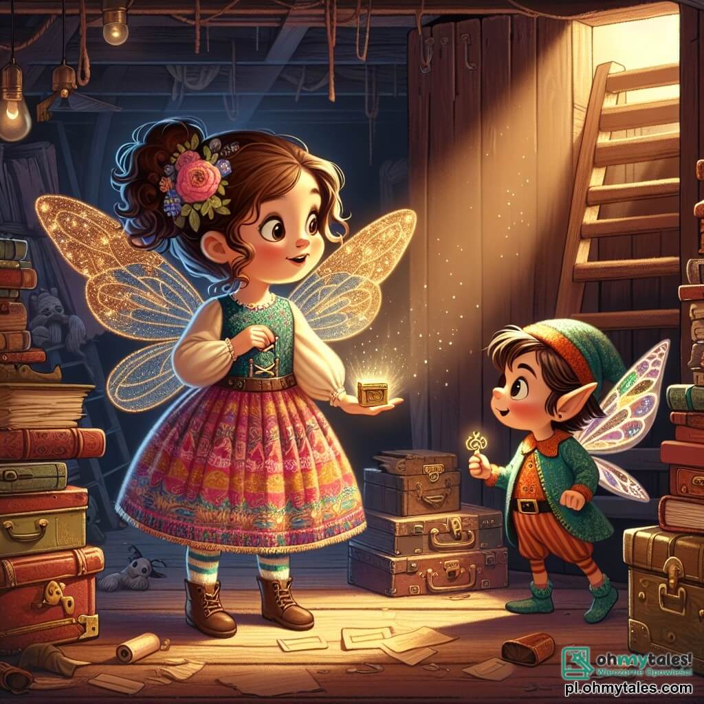 Une illustration sous forme de dessin destinée aux enfants représentant un vieux strych poussiéreux, rempli de livres anciens et de jouets oubliés, où une fille de 11 ans aux cheveux bruns et bouclés, vêtue d'une robe colorée, tient un petit clé dorée dans sa main, regardant avec émerveillement un éclat lumineux émanant d'une porte mystérieuse, tandis qu'à ses côtés se tient une petite fée aux ailes scintillantes et un elfe aux oreilles pointues, tous deux affichant des expressions d'excitation et de détermination, prêts à entrer dans un monde magique rempli d'aventures.