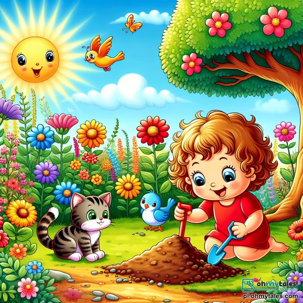 Une illustration sous forme de dessin destinée aux enfants représentant un jardin ensoleillé, rempli de fleurs colorées et d'un grand chêne, où une petite fille de 1 an aux cheveux bouclés et aux yeux pétillants, vêtue d'une robe rouge, creuse joyeusement le sol avec une petite pelle rouge à la recherche d'un trésor, tandis qu'un petit oiseau bleu aux plumes brillantes, perché sur une branche, l'observe avec curiosité, et un chaton tigré aux yeux verts, assis à côté d'elle, regarde le petit tas de terre avec un air intrigué, illustrant ainsi l'esprit d'aventure et d'amitié dans ce moment magique.