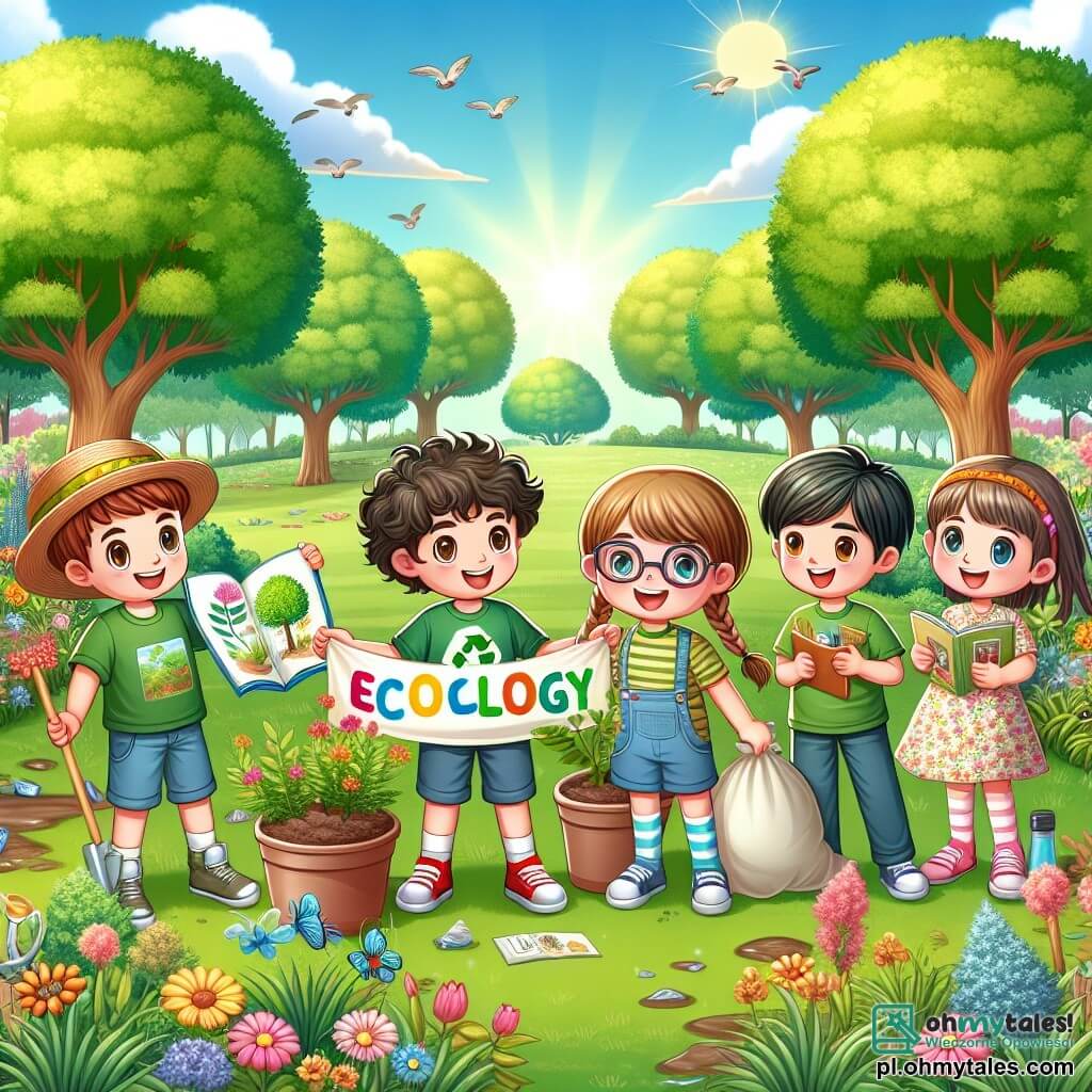 Ilustracja przedstawiająca zielony park wiosną, z majestatycznymi drzewami o lśniących zielonych liściach i kolorowymi kwiatami rozwijającymi się pod jasnoniebieskim niebem. W centrum sceny grupa pięciu dzieci stoi razem, zaangażowanych w radosną działalność. Jest chłopiec w wieku 9 lat, z brązowymi, kręconymi włosami, w zielonej koszulce i niebieskich szortach, uśmiechający się, trzymający dużą kolorową tablicę z napisem "EKOLOGIA" napisanym jaskrawymi literami. Obok niego stoi dziewczynka w wieku 9 lat, z długimi blond warkoczami, ubrana w sukienkę w kwiaty, która pokazuje rysunek rośliny, który stworzyła. Inny chłopiec w wieku 8 lat, w okularach i z kasztanowymi włosami, uważnie przegląda książkę o naturze, którą trzyma w rękach. Dziewczynka w wieku 10 lat, z czarnymi, krótkimi włosami, ubrana w żółtą koszulkę, sadzi mały kwiatek w ziemi. Na koniec, chłopiec w wieku 7 lat, w słomkowym kapeluszu, zbiera śmieci do plastikowej torby, pokazując zdeterminowany wyraz twarzy. Główna sytuacja ukazuje te dzieci zjednoczone w ich misji oczyszczania parku i uświadamiania innych o ochronie środowiska, z ptakami śpiewającymi na drzewach i motylami fruwającymi wokół nich. W tle rodziny i przyjaciele gromadzą się, zaintrygowani inicjatywą dzieci, tworząc atmosferę wspólnoty i solidarności.
