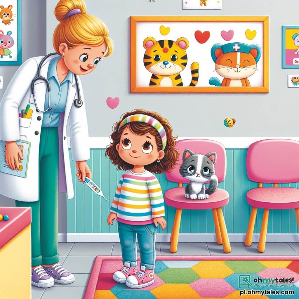 Illustration destinée aux enfants représentant une salle d'attente lumineuse et accueillante d'une clinique pédiatrique, avec des murs peints en couleurs vives et des dessins d'animaux souriants. Au centre, une petite fille de 3 ans, avec des cheveux bouclés et bruns, portant un t-shirt à rayures et un pantalon en jean, regarde avec curiosité autour d'elle tout en tenant un chaton gris dans ses bras. À côté d'elle, une infirmière souriante, avec des cheveux blonds attachés en chignon et un uniforme coloré, lui montre un thermomètre avec un air rassurant. La scène dégage une atmosphère de chaleur et de réconfort, illustrant le moment où la petite fille se prépare à rencontrer le médecin, avec des jouets éparpillés sur le sol et des affiches joyeuses sur les murs.