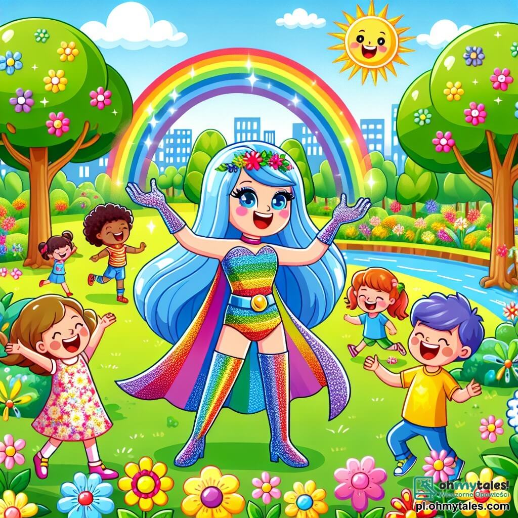 Une illustration sous forme de dessin destinée aux enfants représentant un magnifique parc ensoleillé, rempli de fleurs colorées et de grands arbres, où une super-héroïne aux longs cheveux bleus et aux yeux brillants, vêtue d'un costume scintillant, sourit joyeusement en organisant un festival de rires et de jeux, entourée de ses amis : un homme aux cheveux multicolores qui crée des arcs-en-ciel avec ses mains et une femme aux vêtements fleuris qui parle avec des plantes, tandis que des enfants rient et s'amusent autour d'eux, créant une atmosphère de bonheur et de camaraderie.