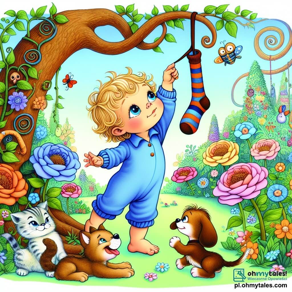 Une illustration sous forme de dessin destinée aux enfants représentant un jardin enchanté aux couleurs vives, avec des fleurs géantes et des arbres aux troncs spirales, où un petit garçon de 18 mois aux cheveux blonds et aux yeux pétillants, vêtu d'une salopette bleue, se tient sur la pointe des pieds pour attraper une skarpetka accrochée à une branche, tandis qu'un petit chien aux poils bruns et un chaton tigré, tous deux joyeux, l'encouragent en sautillant autour de lui, créant une scène pleine de magie et de camaraderie.