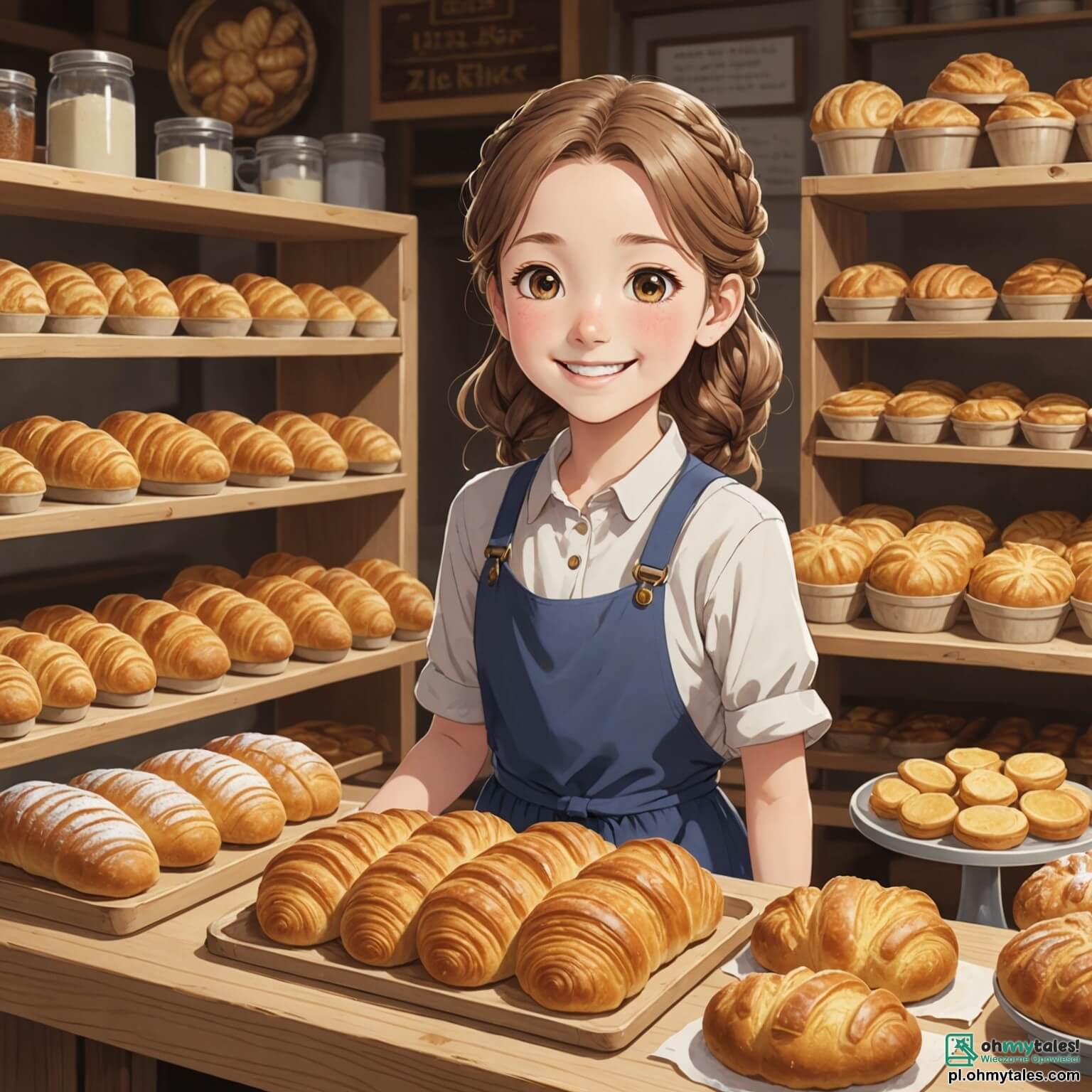 Une illustration destinée aux enfants représentant une femme au sourire chaleureux, les mains farines et les cheveux légèrement ébouriffés, se tenant derrière un comptoir en bois poli de sa boulangerie, où des étagères débordent de pains dorés, de croissants croustillants et de gâteaux décorés de couleurs vives, tandis que deux jeunes enfants, un garçon aux yeux pétillants et une fille aux nattes rebondissantes, l'observent avec émerveillement et impatience, impatients d'apprendre les secrets de la magie du pain dans cette charmante petite boulangerie située au cœur d'un mignon village aux ruelles pavées, où le doux parfum de la pâte fraîchement cuite flotte dans l'air, attirant les passants comme des abeilles vers une fleur.