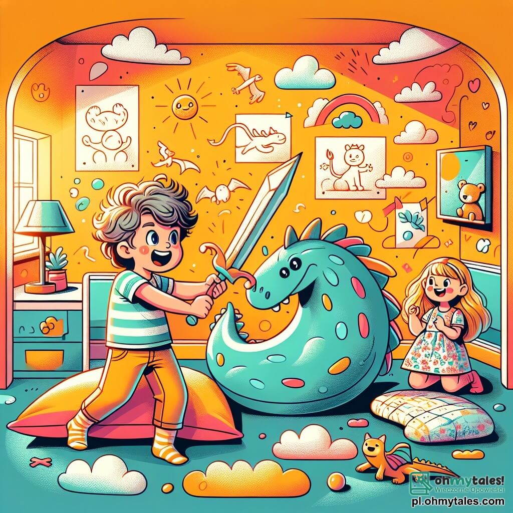 Une illustration sous forme de dessin destinée aux enfants représentant une chambre colorée et chaleureuse, avec des murs ornés de dessins d'animaux et de nuages, où un garçon de 3 ans aux cheveux bouclés et aux yeux pétillants, vêtu d'un t-shirt rayé et d'un short, brandit une grande coussin comme une épée tout en faisant semblant de combattre un dragon imaginaire, tandis qu'une petite fille de 3 ans aux cheveux longs et blonds, portant une robe à fleurs, l'encourage avec un sourire et tient un ours en peluche, le tout dans une ambiance joyeuse et pleine d'imagination, illustrant leur aventure de petits aventuriers dans un monde fantastique.