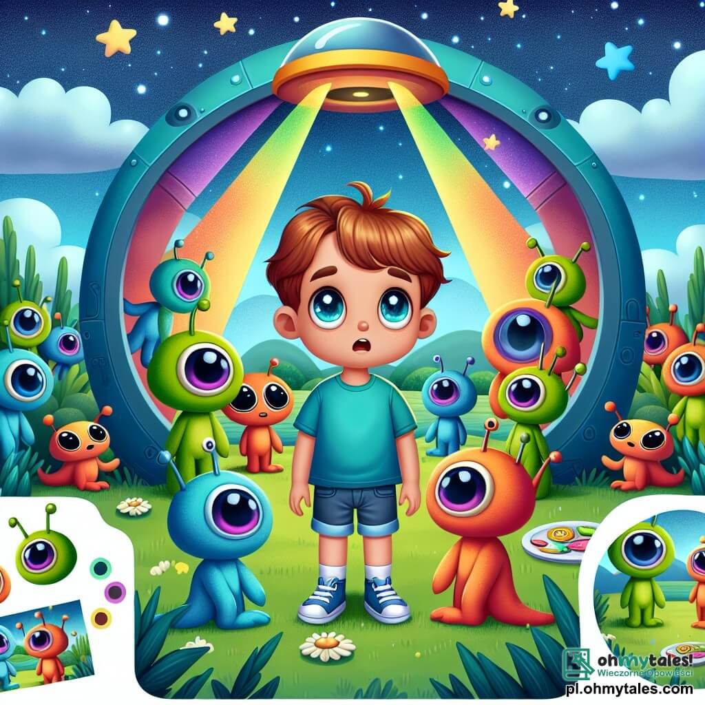 Une illustration sous forme de dessin destinée aux enfants représentant un champ verdoyant sous un ciel étoilé, où un garçon de 9 ans aux cheveux châtains et aux yeux pétillants, vêtu d'un t-shirt bleu et de shorts, se tient émerveillé devant une colorée station spatiale ouverte, tandis que des extraterrestres aux formes colorées et aux grands yeux ronds, ressemblant à des ludiques créatures en plastiline, l'entourent en riant et en tenant des plats étranges, illustrant un moment de découverte et d'amitié intergalactique.