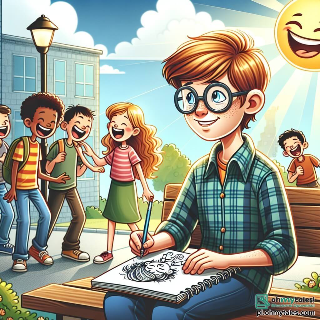 Une illustration sous forme de dessin destinée aux enfants représentant une cour d'école ensoleillée, où un garçon de 11 ans aux cheveux châtains et aux lunettes, assis sur un banc, dessine des personnages de bande dessinée dans un carnet, tandis qu'une fille aux cheveux longs et bruns, souriante, s'approche de lui pour admirer ses dessins, tandis qu'en arrière-plan, un groupe de garçons se moque de lui, illustrant le thème du harcèlement scolaire et l'importance de l'amitié et du soutien.