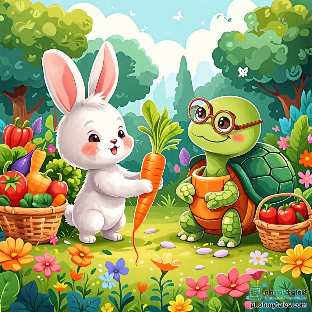 Une illustration sous forme de dessin destinée aux enfants représentant un jardin enchanté rempli de fleurs colorées et de légumes, où un petit lapin aux grandes oreilles et à la fourrure blanche, avec un sourire malicieux, saute joyeusement en tenant une carotte dans ses pattes, tandis qu'un sage tortue à la carapace verte, portant des lunettes rondes, l'observe avec un air amusé, alors qu'ils s'apprêtent à préparer ensemble un délicieux gâteau à la carotte, entourés de paniers débordant de légumes frais.