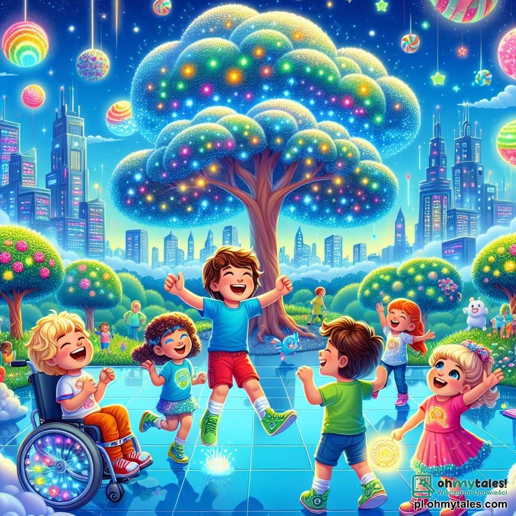 Ilustracja przedstawiająca futurystyczny park w kolorowym mieście, z drzewami o błyszczących liściach i świecącymi kwiatami. Niebo ma intensywny niebieski kolor, usiane chmurami w kształcie cukierków. W centrum radosna grupa czterech dzieci: dwóch sześcioletnich chłopców, jeden z brązowymi włosami i okularami, ubrany w niebieską koszulkę i czerwone szorty, a drugi z blond włosami, w zielonej koszulce i krótkich spodniach. Obok nich stoi sześcioletnia dziewczynka z kręconymi włosami w różowej sukience, uśmiechając się i trzymając małą świecącą kulę. Na koniec, sześcioletni chłopiec, siedzący na wózku inwalidzkim ozdobionym kolorowymi naklejkami, śmieje się, patrząc na swoich przyjaciół. Wszyscy skaczą i tańczą wokół magicznego drzewa, którego gałęzie pokryte są unoszącymi się owocami. Otaczają ich fantastyczne stworzenia, takie jak latające ryby i śpiewające króliki, co dodaje radosnej i dynamicznej atmosfery scenie. Dominują żywe kolory i łagodne kształty, tworząc zaczarowaną i przyjazną atmosferę.