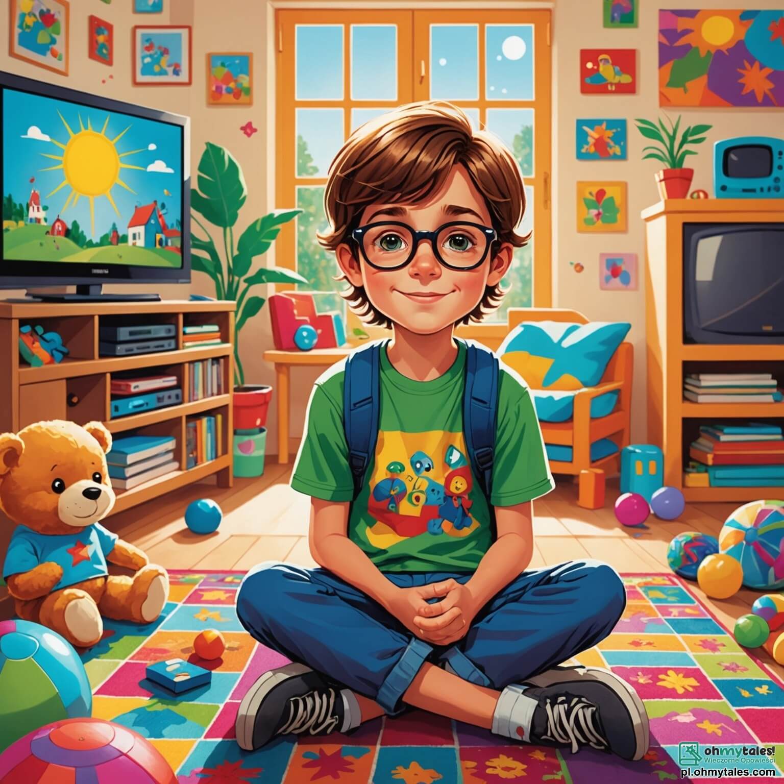 Une illustration destinée aux enfants représentant un garçon aux cheveux bruns et aux yeux pétillants, assis en tailleur sur un tapis coloré dans un salon lumineux, entouré de jouets éparpillés et d'un grand écran de télévision diffusant des images éclatantes, tandis qu'à l'extérieur, le soleil brille sur un jardin verdoyant où ses amis, une fille aux cheveux blonds et un garçon aux lunettes, l'appellent joyeusement pour l'inviter à jouer, créant ainsi un contraste entre l'attrait des aventures numériques et la magie des jeux en plein air.